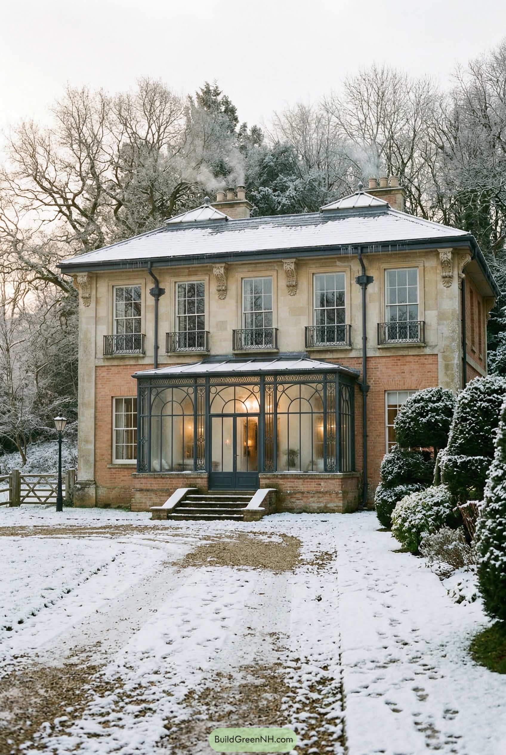 Snowy country house with central glass orangery