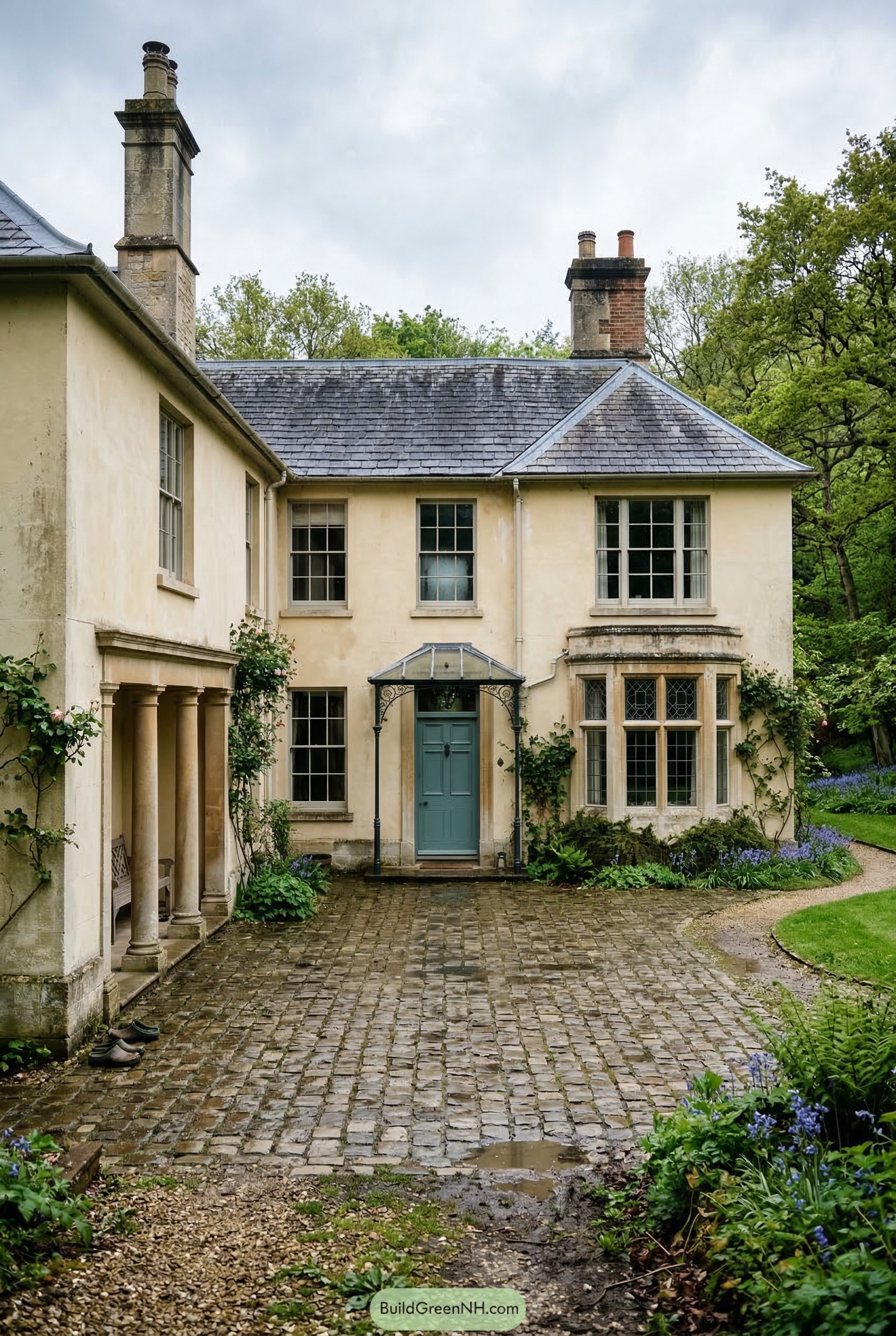 Cream country house with blue door and cobbled courtyard