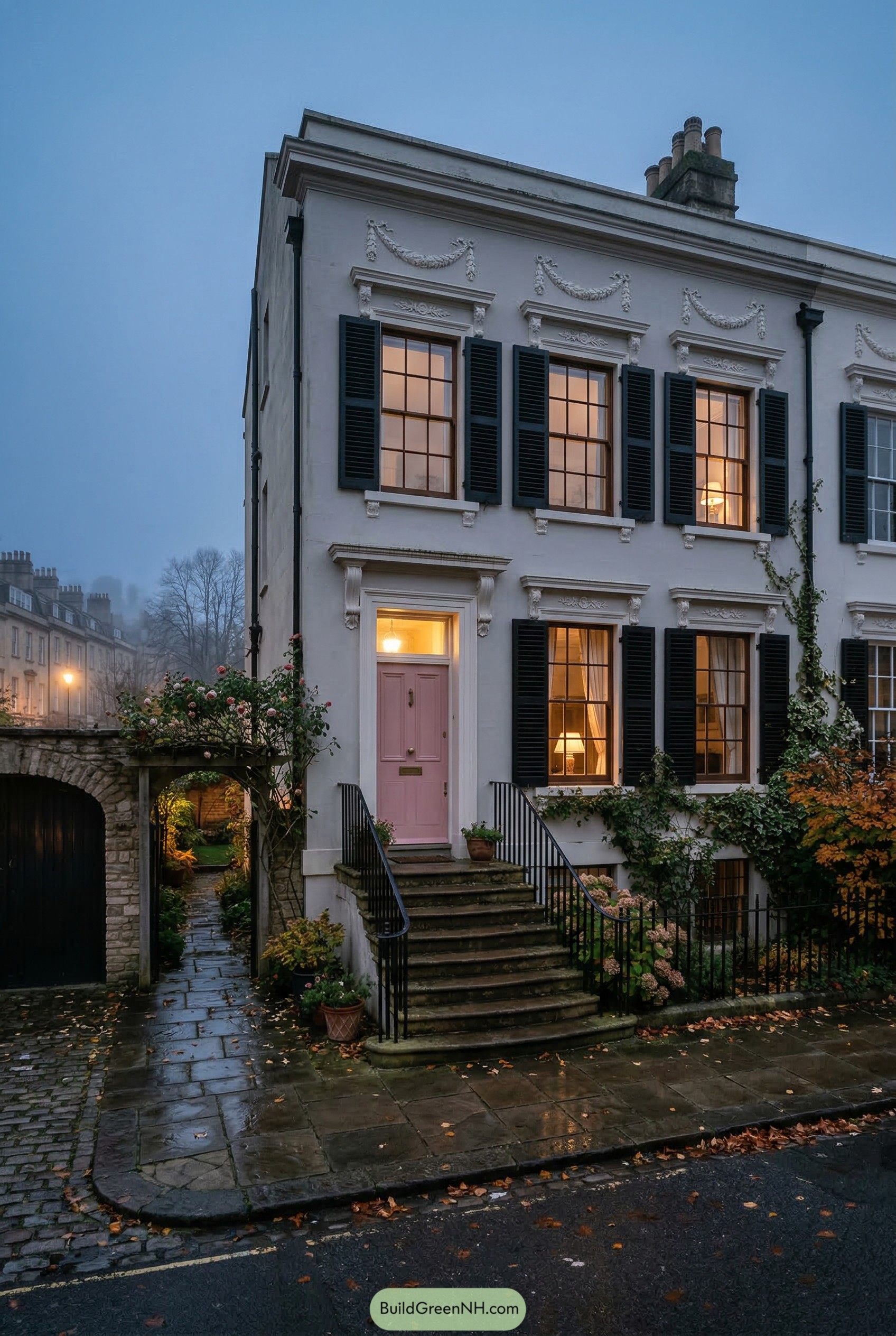Pale Regency townhouse with pink door and shutters