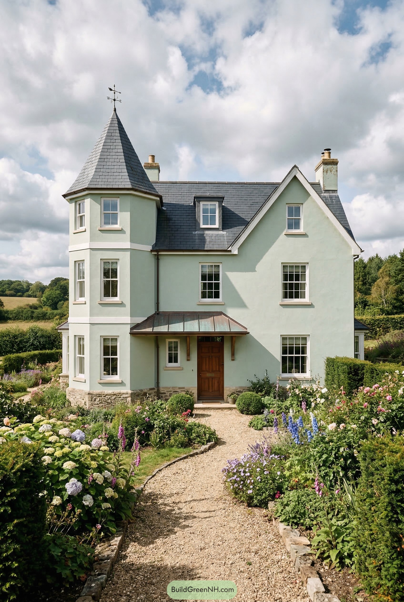 Pale green country house with a turret and flower garden