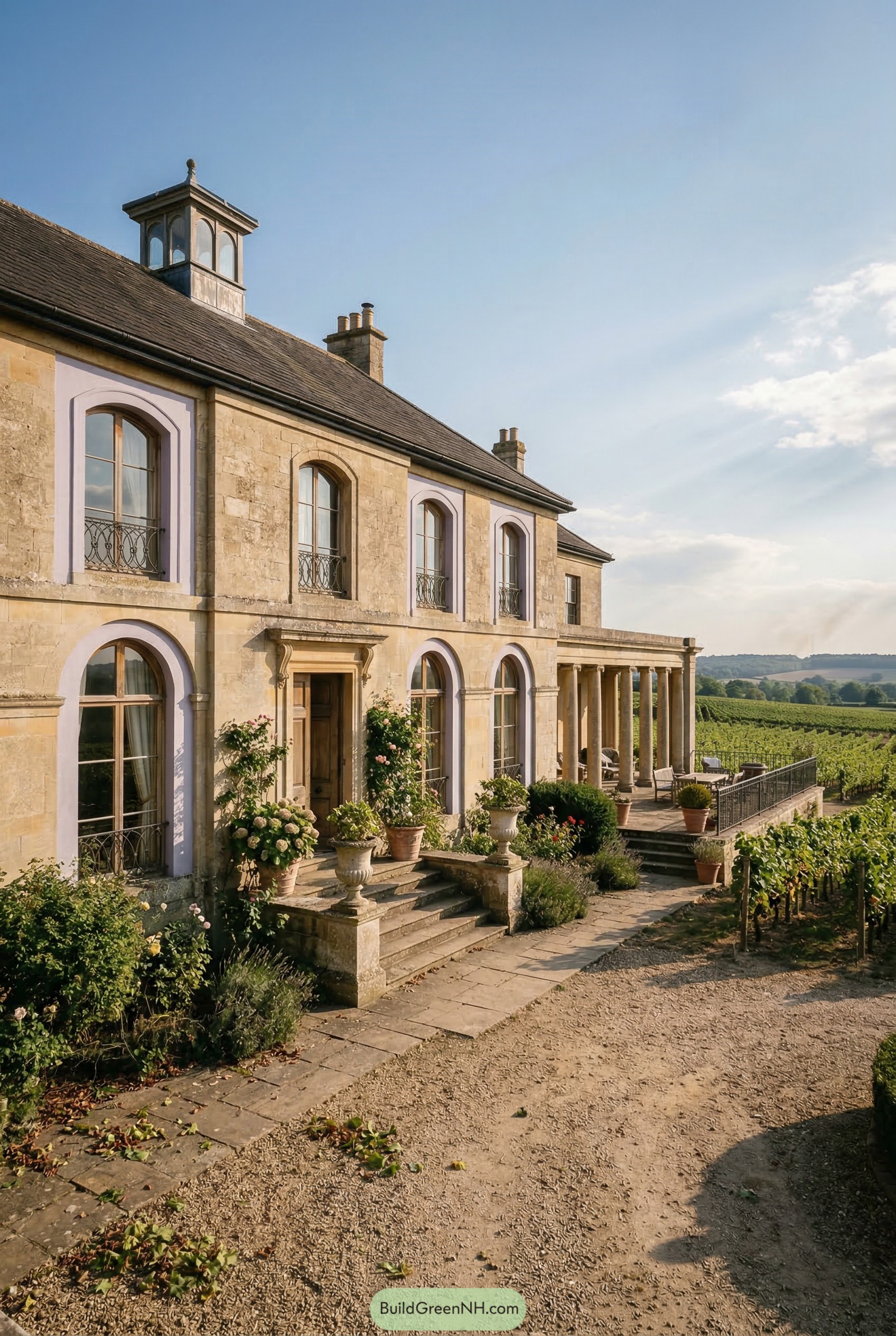 Stone manor with lilac trim and vineyard terrace