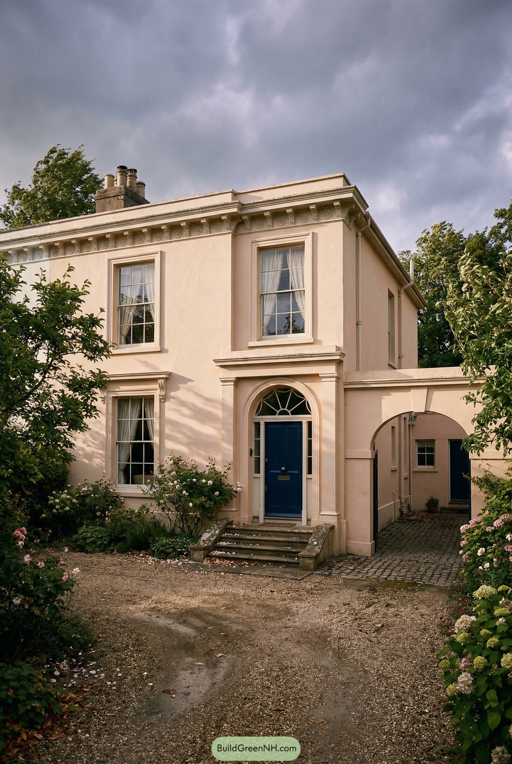 Cream stucco house with blue door and side archway