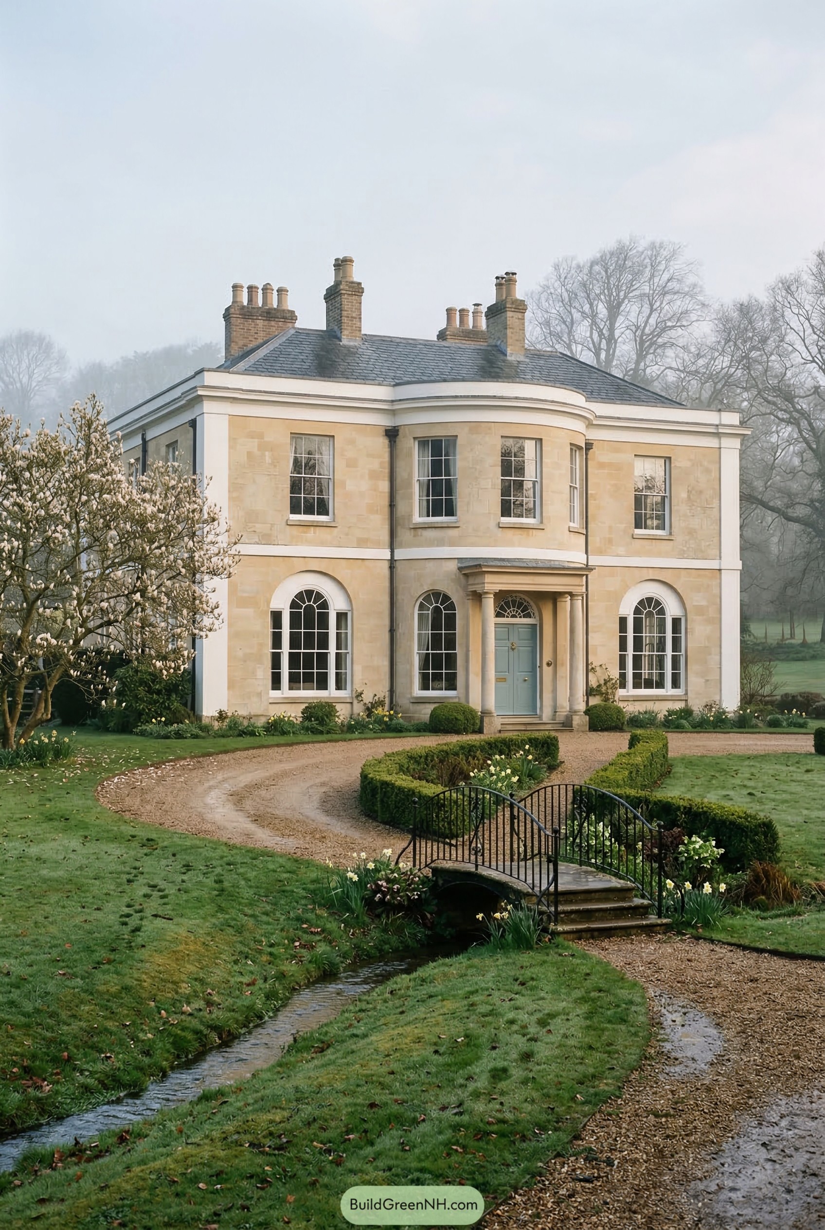 Pale stone manor with curved front and garden bridge