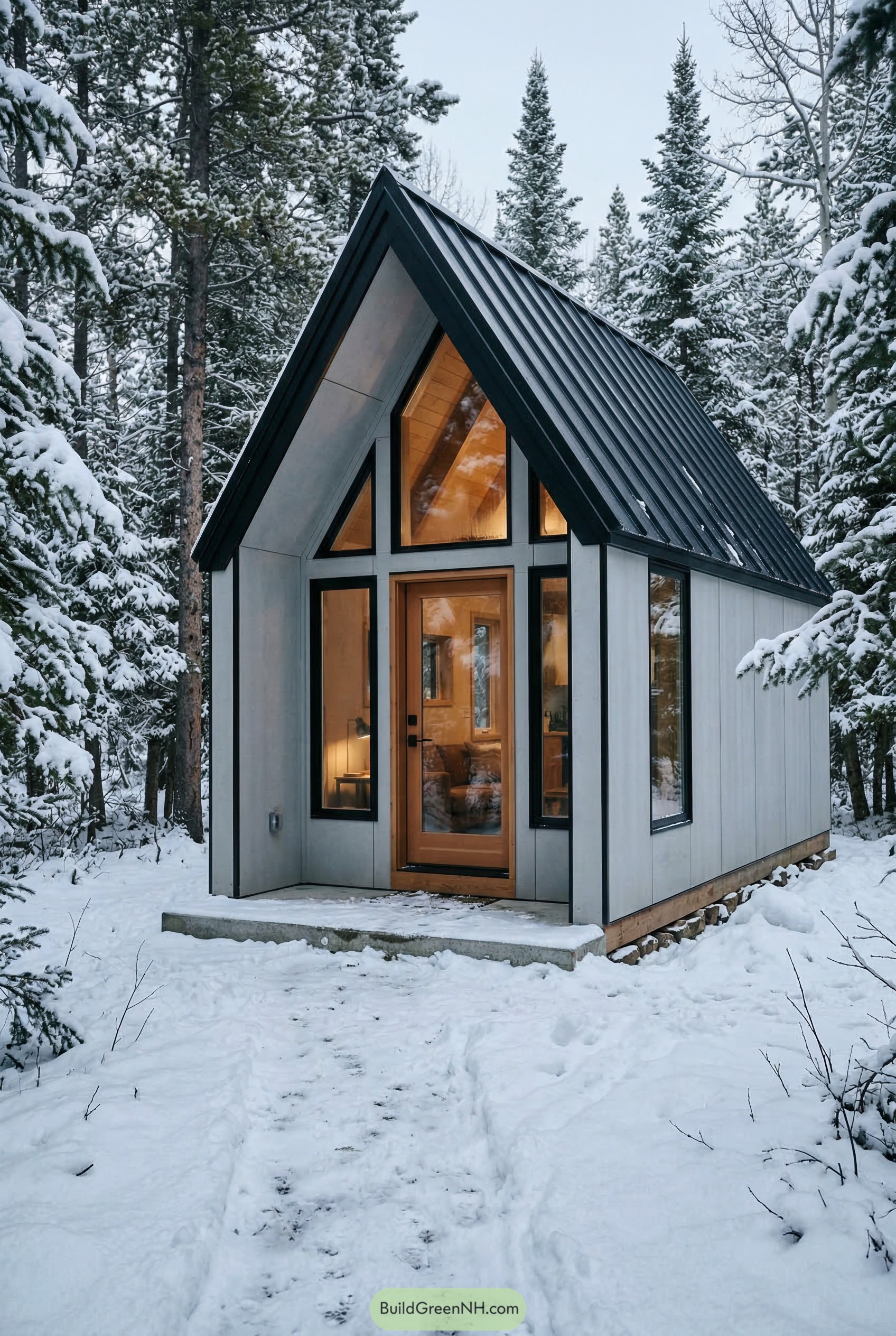Small gabled cabin in a snowy forest