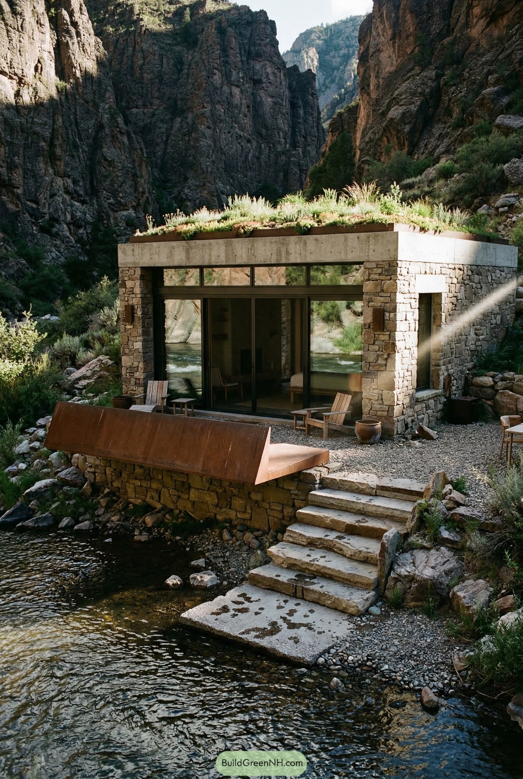 Stone cabana with planted roof beside a canyon river
