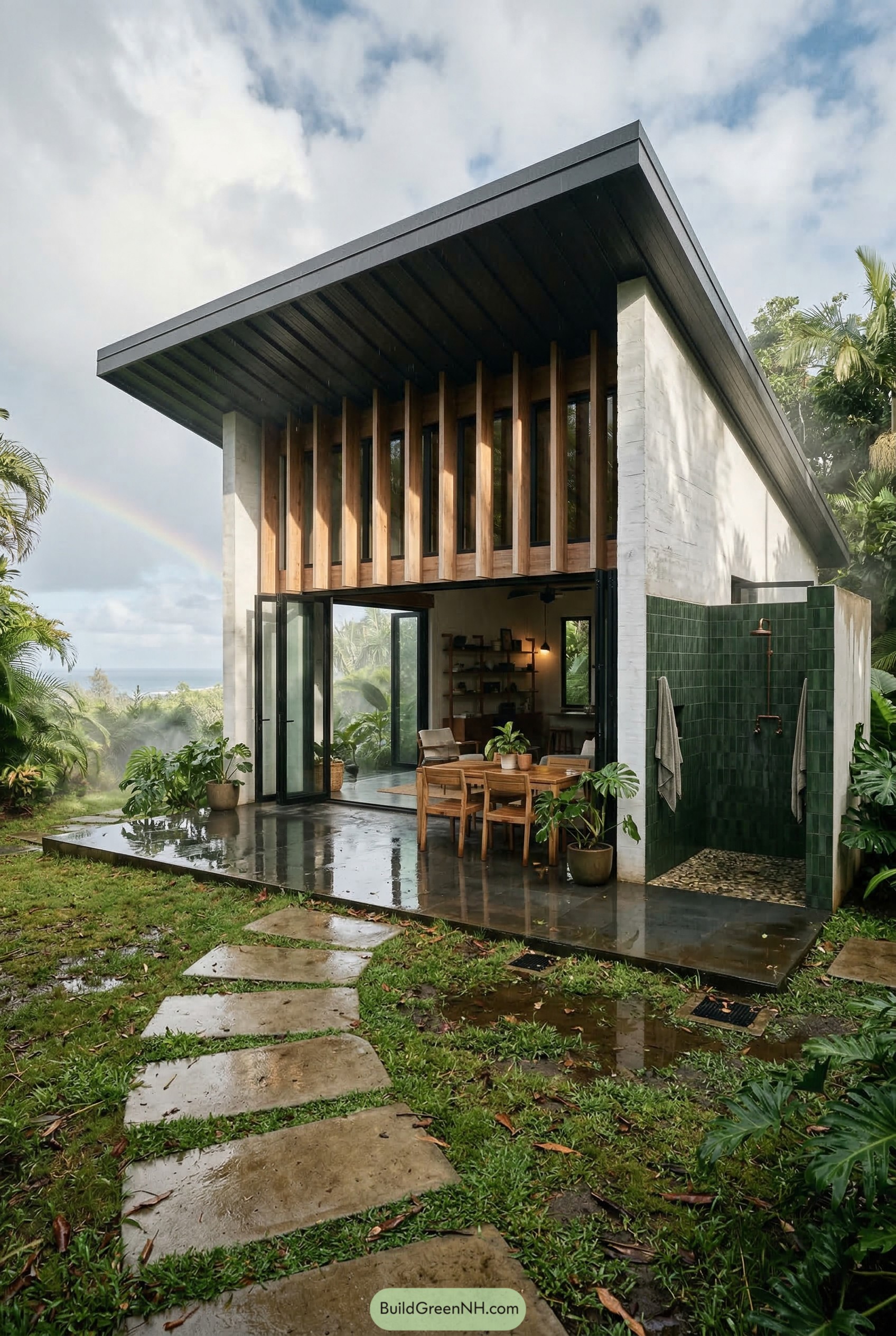 Modern tropical cabana with wood slats and green outdoor shower