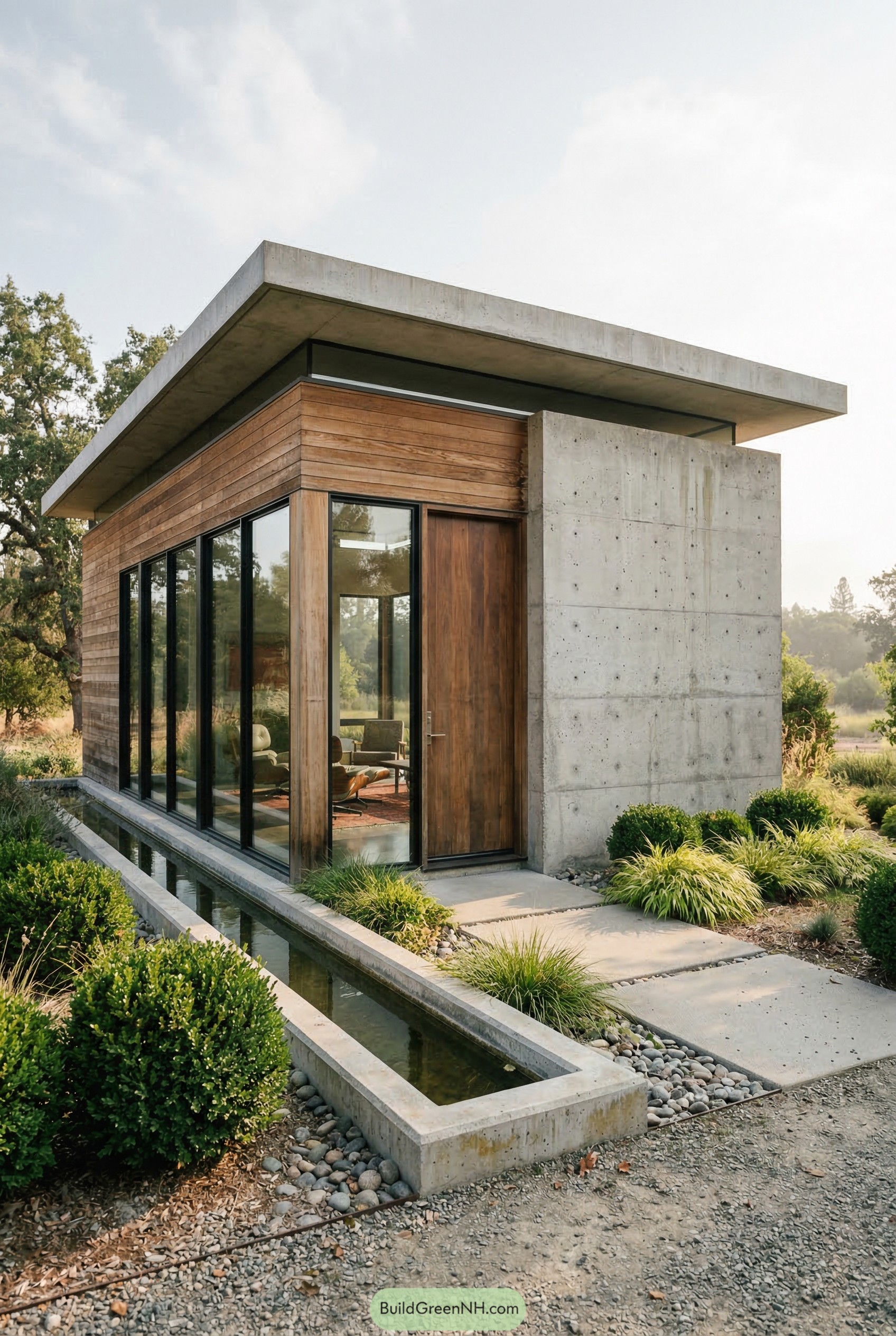 Concrete and cedar cabana beside a narrow reflecting pool