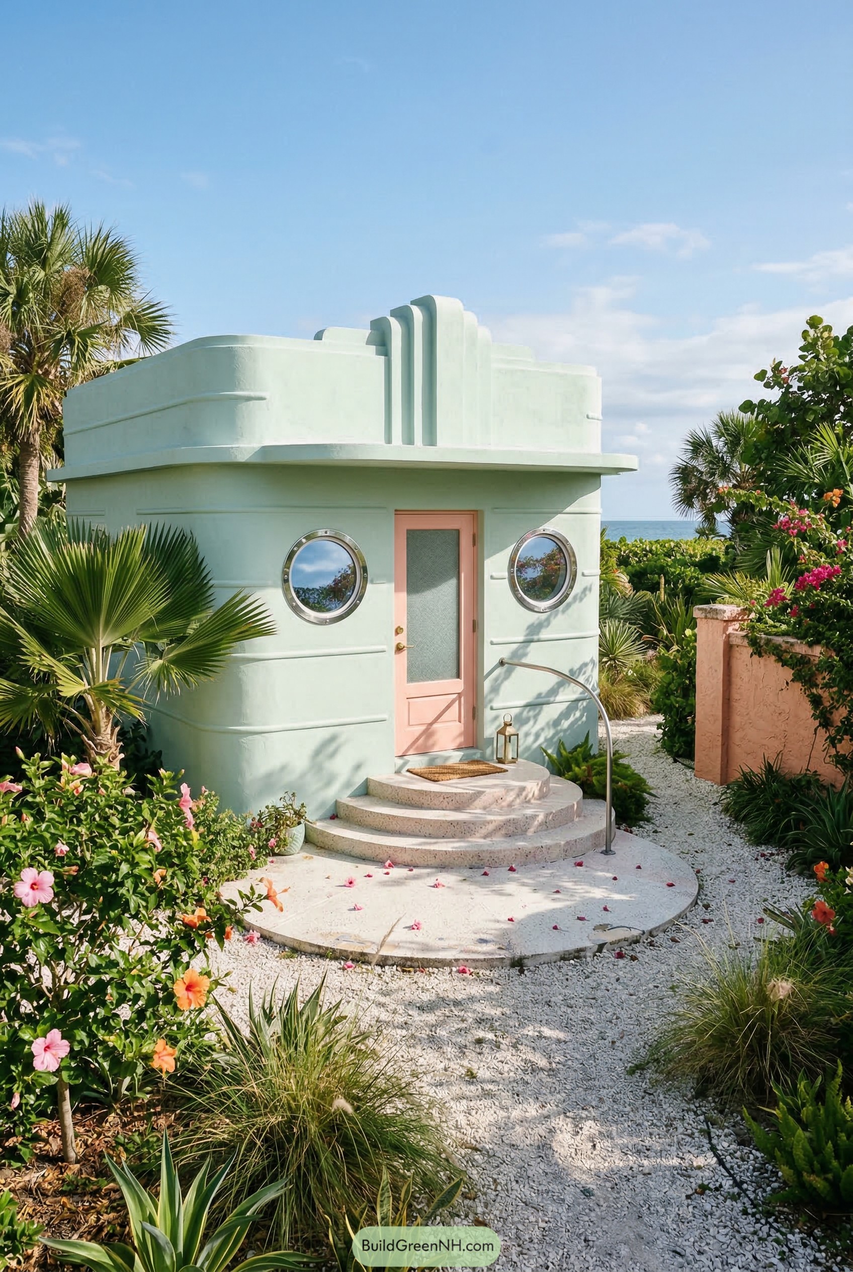 Mint cabana with porthole windows and pink door