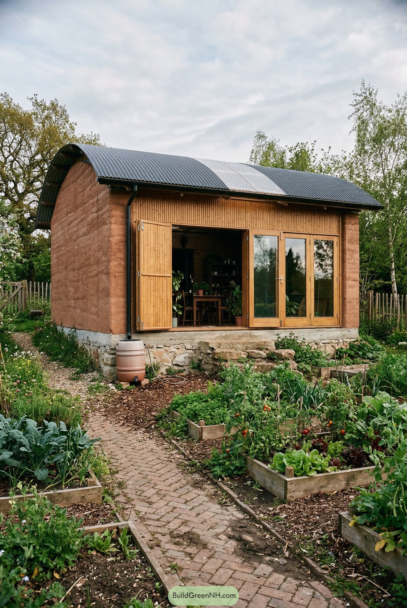 Earthen garden cabana with arched metal roof