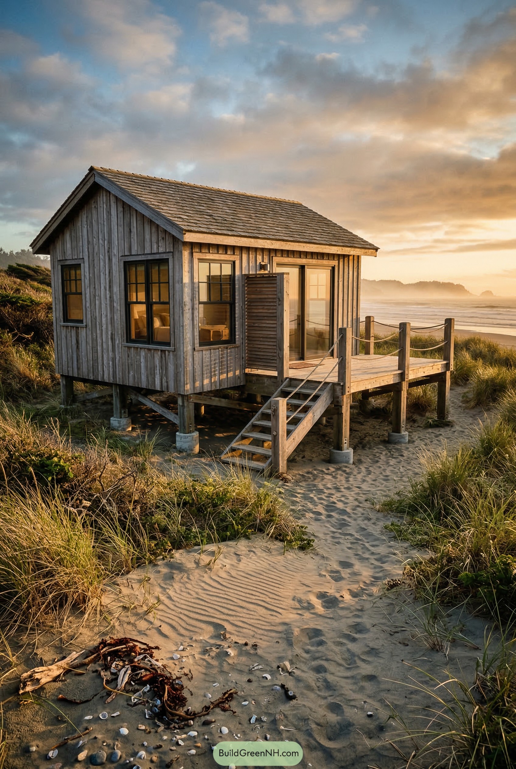 Small weathered cabana on stilts by the beach