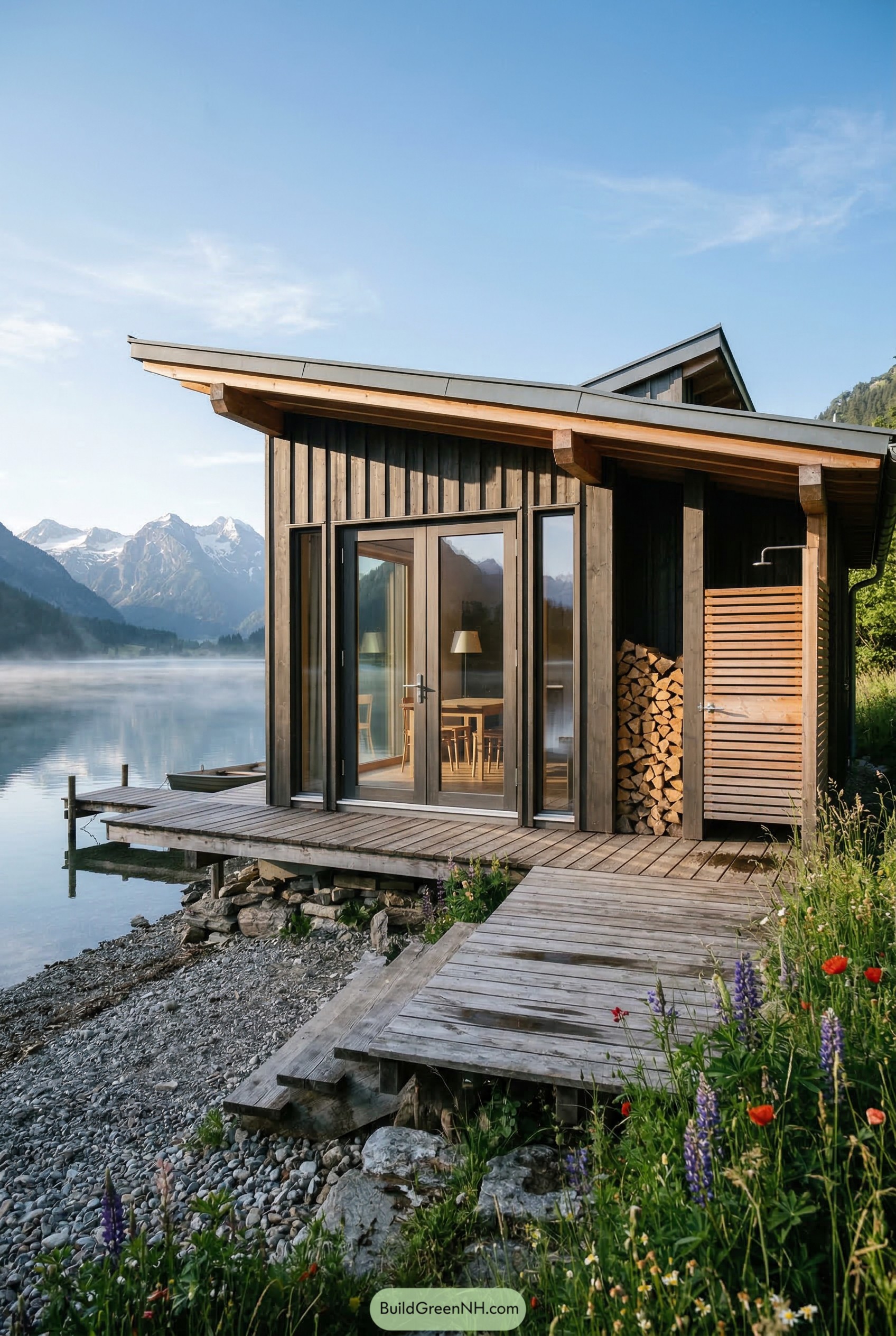 Dark timber lakeside cabana with glass doors