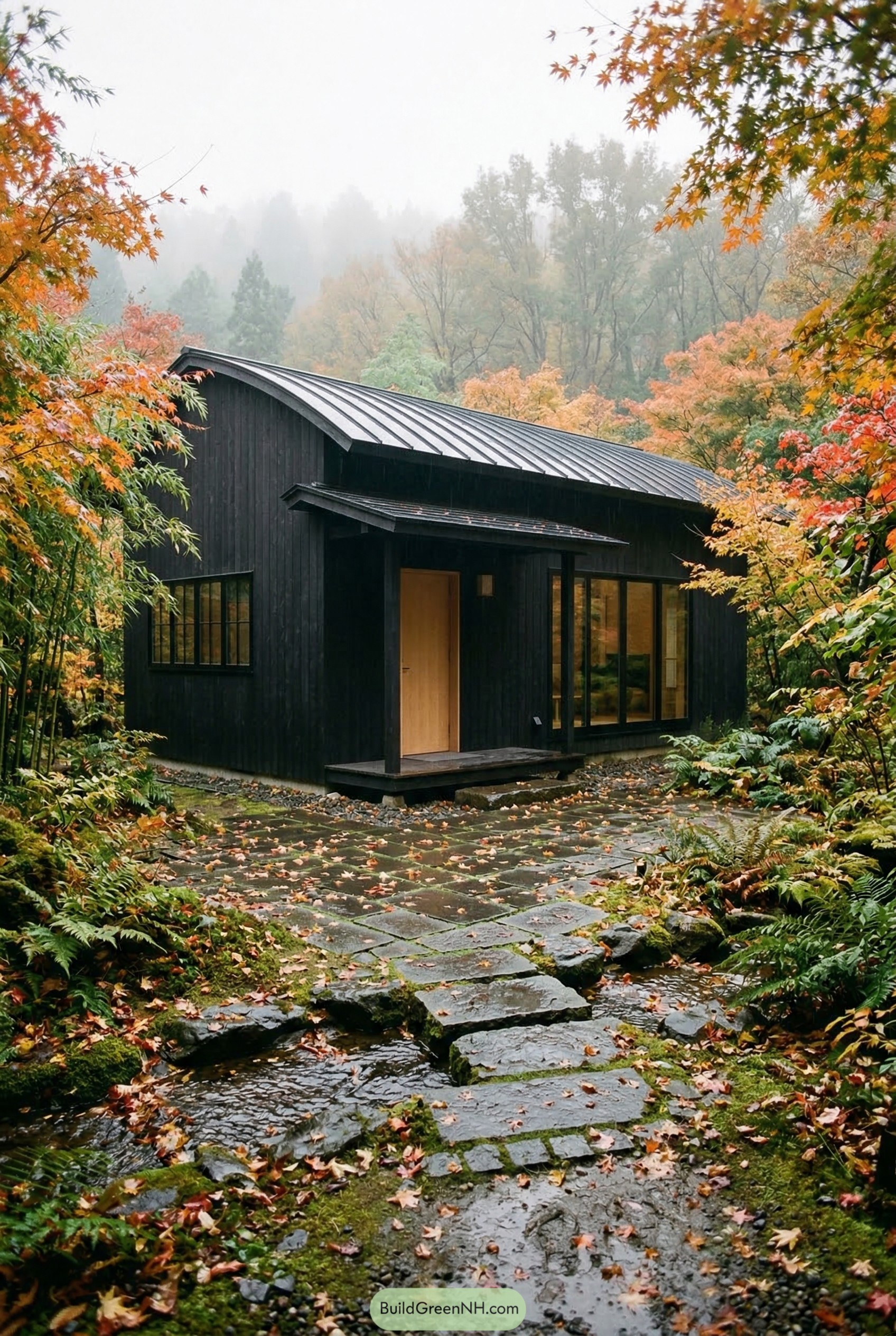 Dark wood cabana in an autumn forest by a stream
