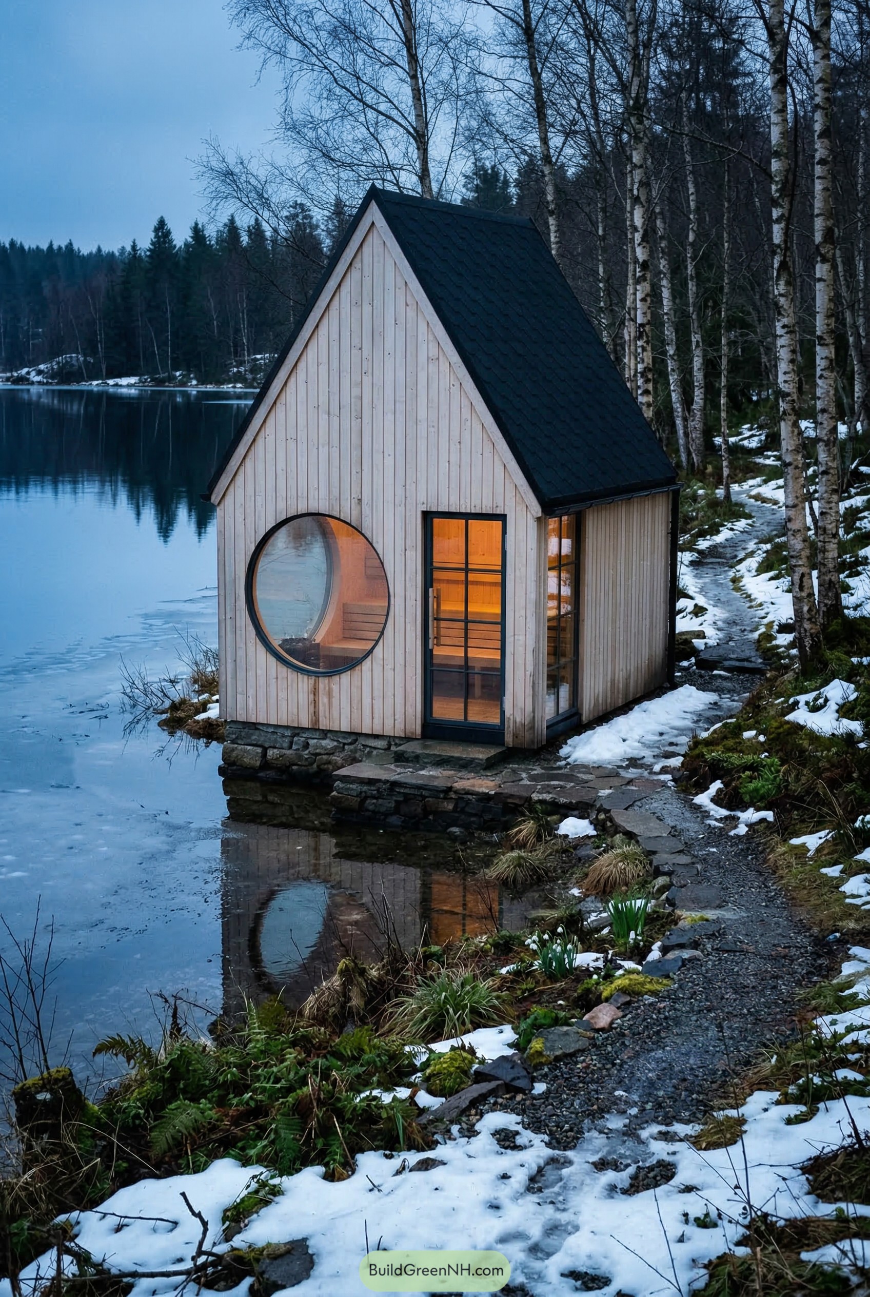 Small lakeside sauna cabana with round window