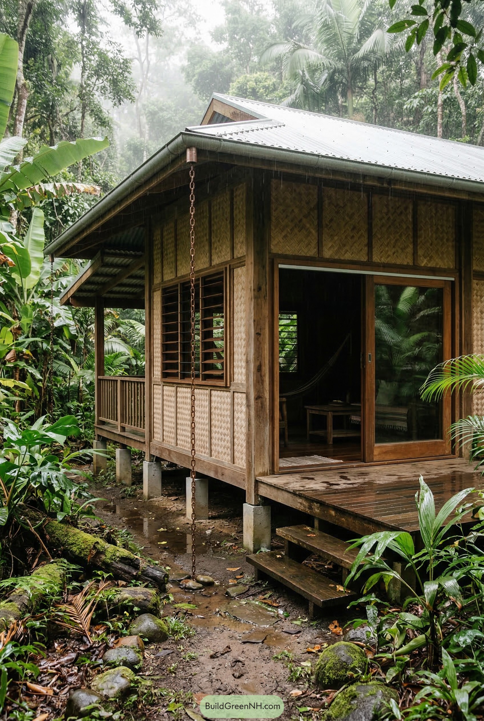 Raised bamboo cabana in lush rainforest