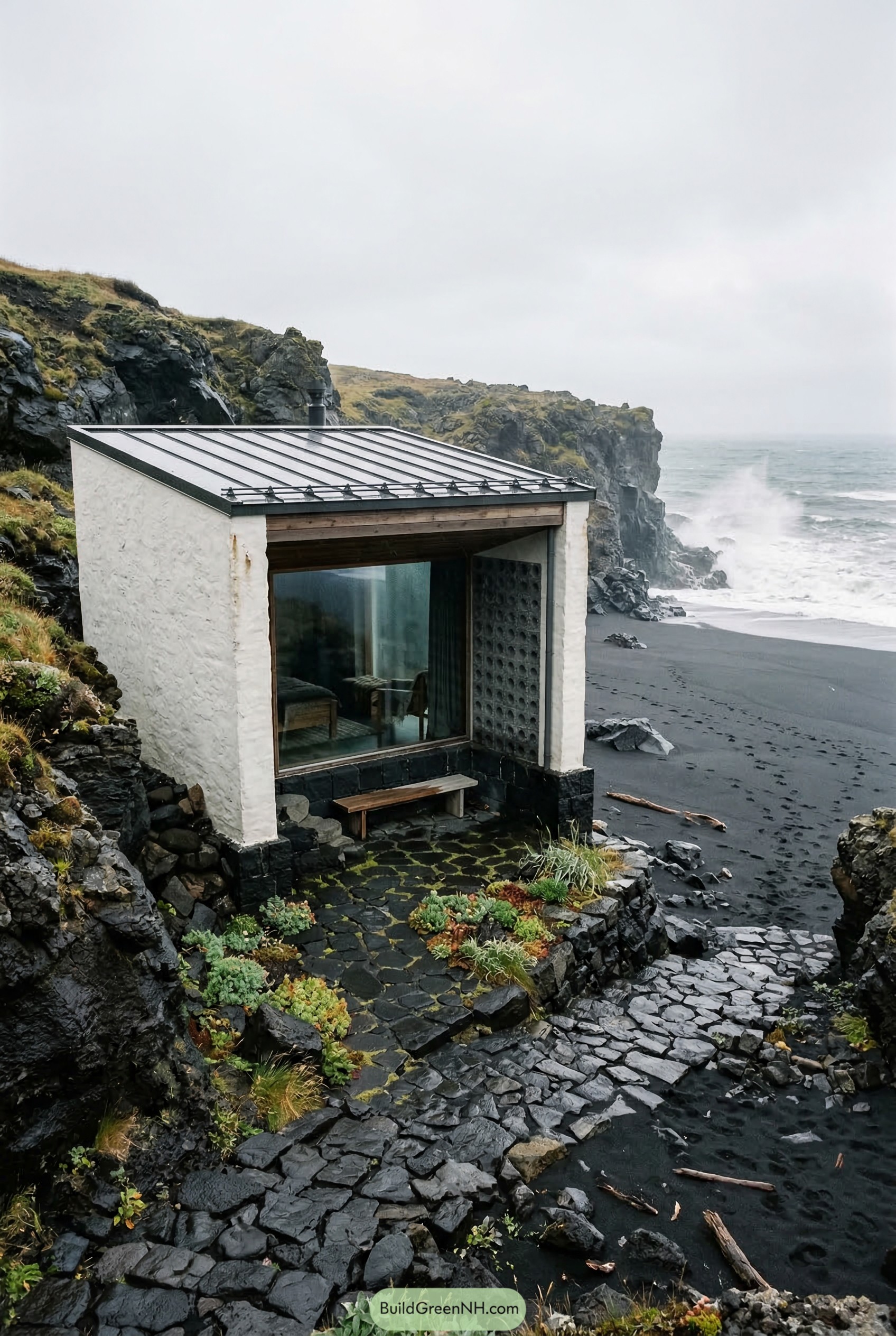 Compact seaside cabana on black sand