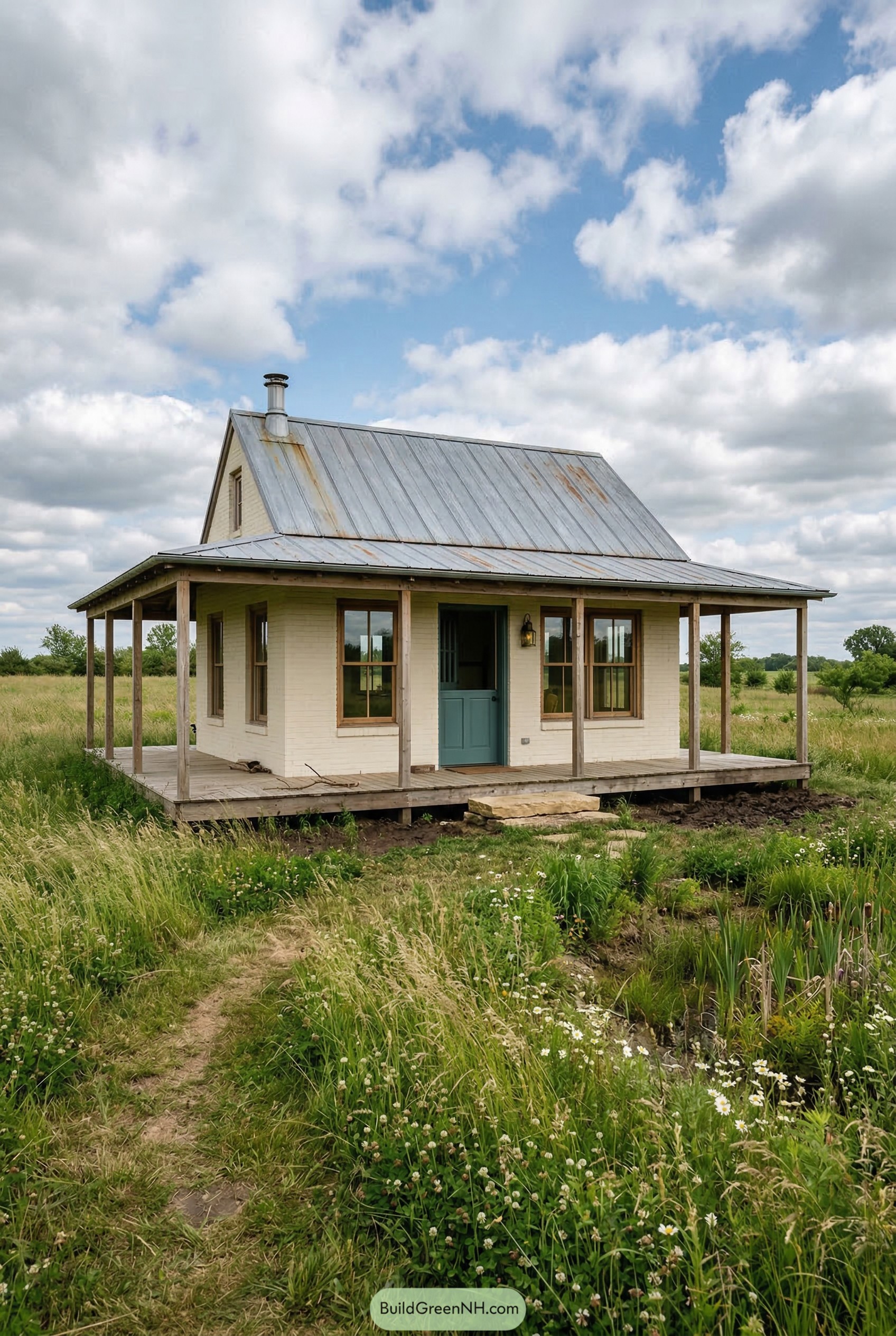 Small cream cottage cabana with wraparound porch and metal roof