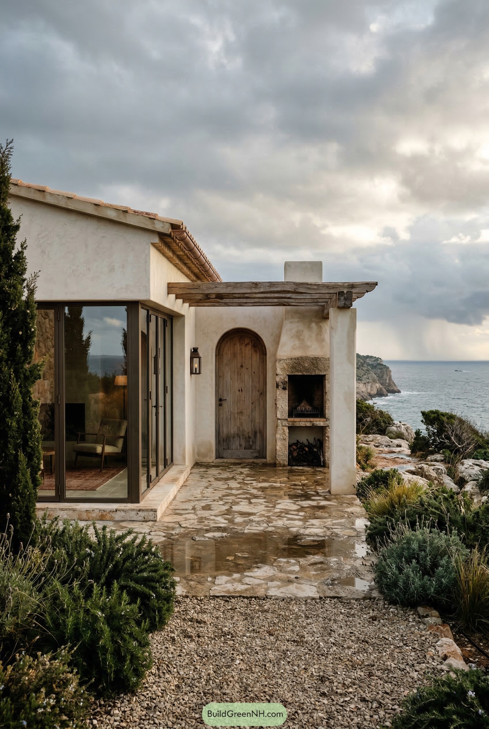 Coastal stucco cabana with pergola and stone patio
