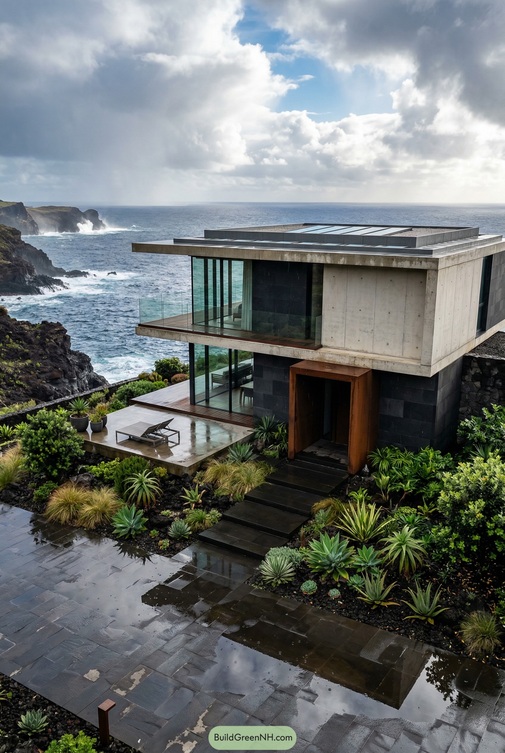 Modern clifftop villa with glass walls overlooking the ocean