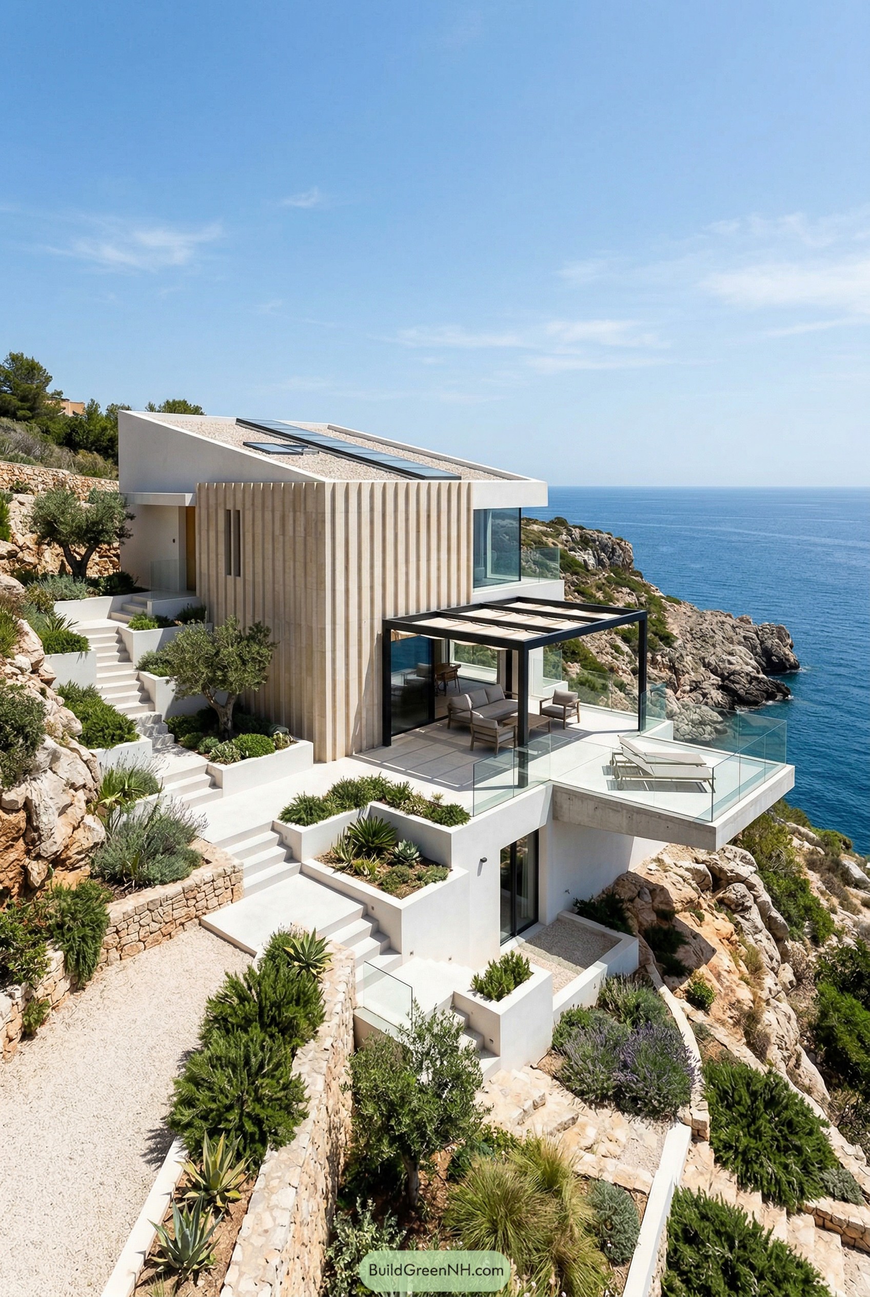 Modern white villa stepped into rocky coastal cliff with glass terraces overlooking the sea