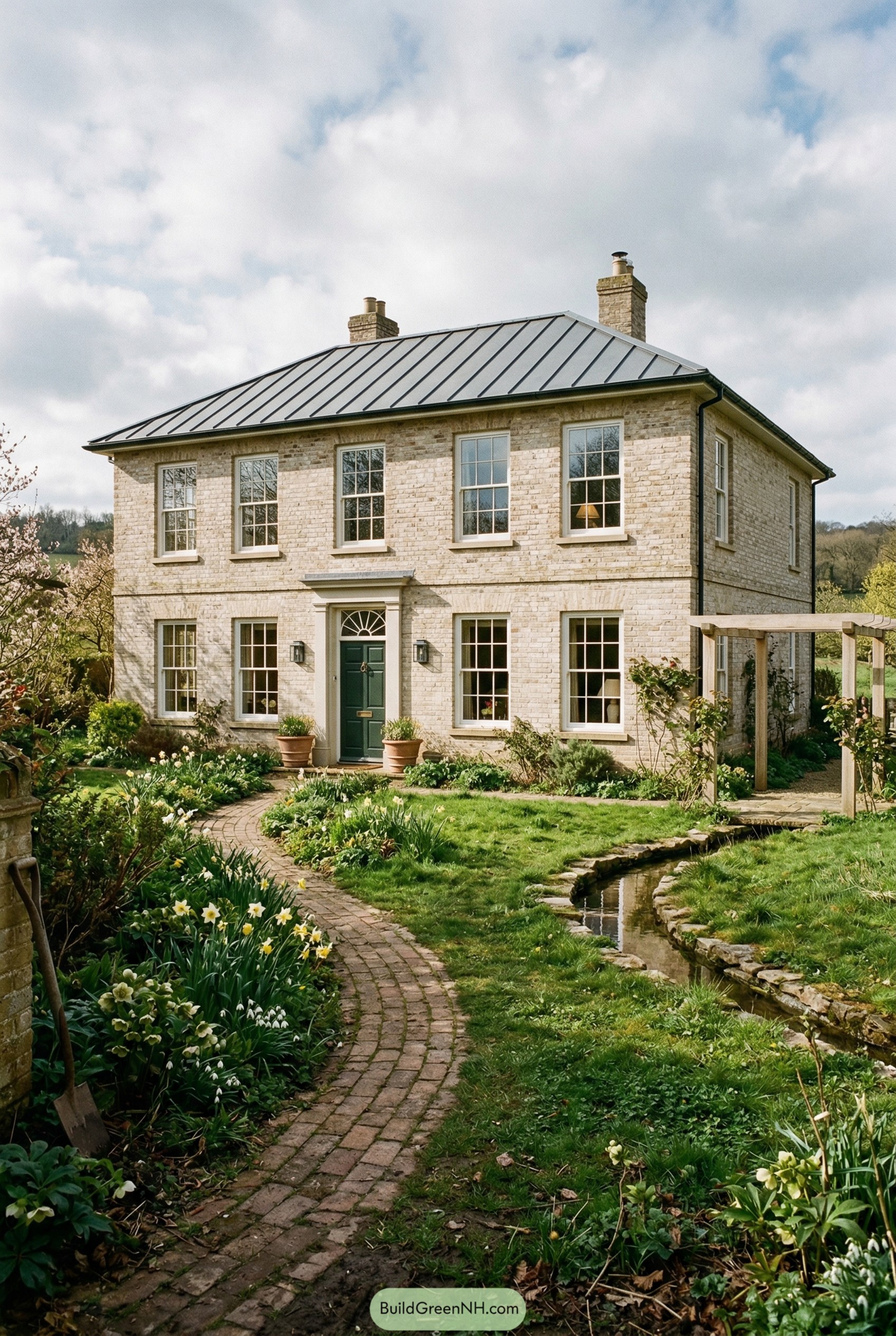 Capture the entire modern Georgian residence fully in frame from a low garden angle on a bright spring morning: pale buff brick with limewashed accents, tall white-painted trim, a refined central doorway in deep heritage green with a simple fanlight, and a hipped roof in dark zinc standing seam; the composition includes a curving brick path edged with daffodils and hellebores, a small reflecting rill cutting through the lawn, and a contemporary pergola in light oak near the side elevation, with distant rolling countryside and scattered clouds casting soft, directional shadows. No people, no animals, no text, strictly no collages. Make this look like a real, un-staged architectural photograph (not a render). Use coherent real-world lighting for a specific time/weather (consistent shadow direction and softness across the whole scene). Ensure physically correct grounding with strong contact shadows/ambient occlusion - nothing floating. Add natural realistic environmental randomness (irregular vegetation density, mixed species, messy edges, footprints/mud/snow variation, small clutter). Glass must behave realistically (balanced reflections + interior visibility, mild glare hotspots, slight condensation if cold). Avoid perfect symmetry and "hero shot" staging; use slightly off-center human framing. Add subtle camera characteristics: realistic dynamic range (no HDR look), mild depth of field, slight vignetting, gentle film grain, natural color.