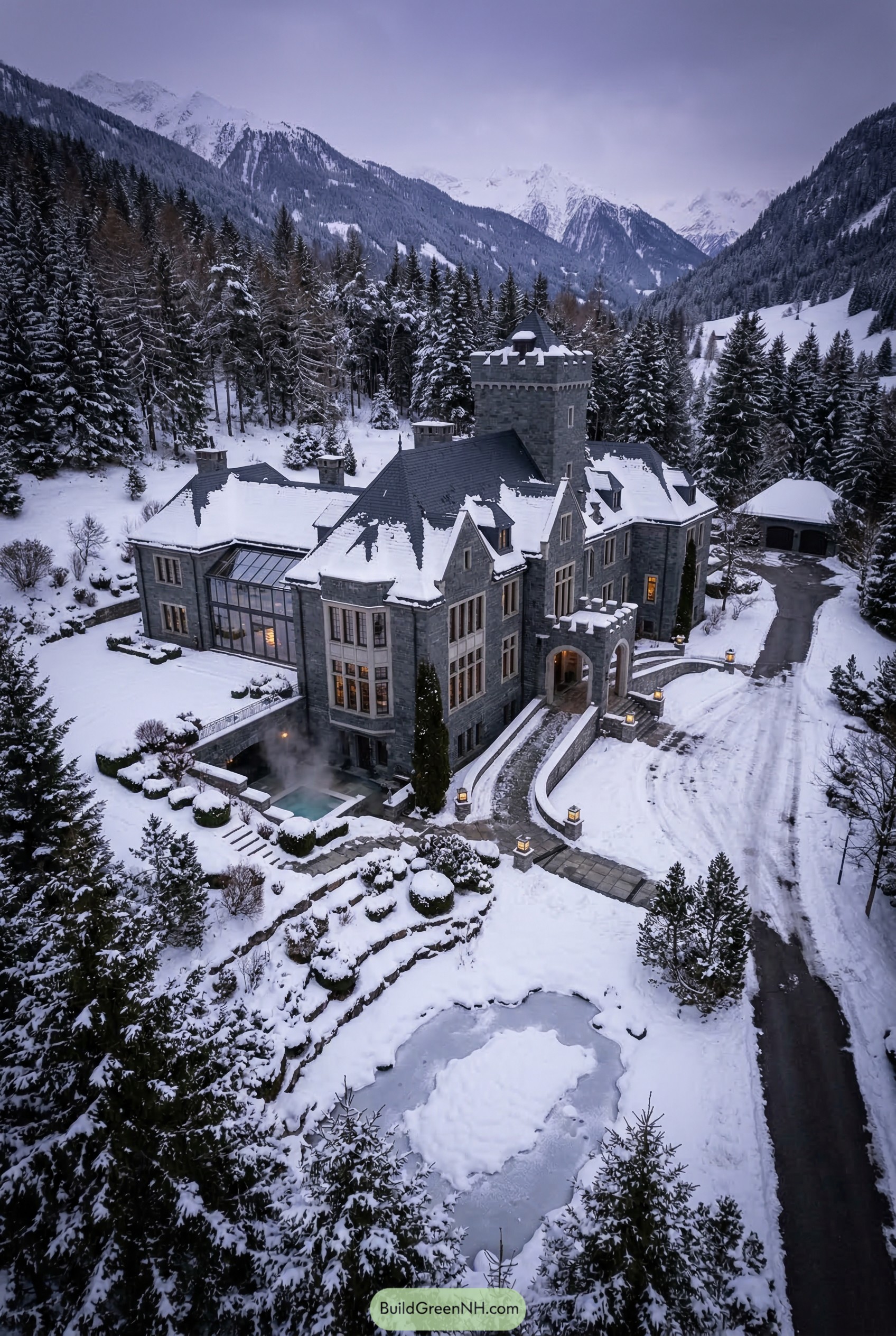 Stone manor with tower in snowy mountains