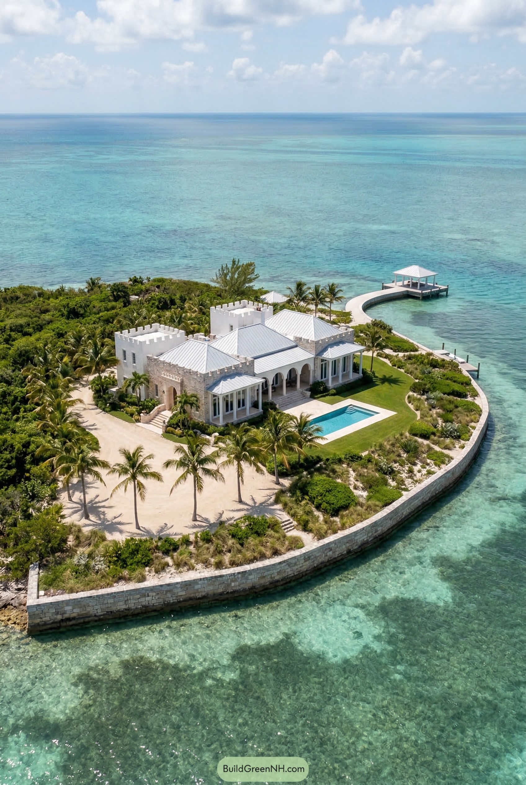 Castle style island villa with dock