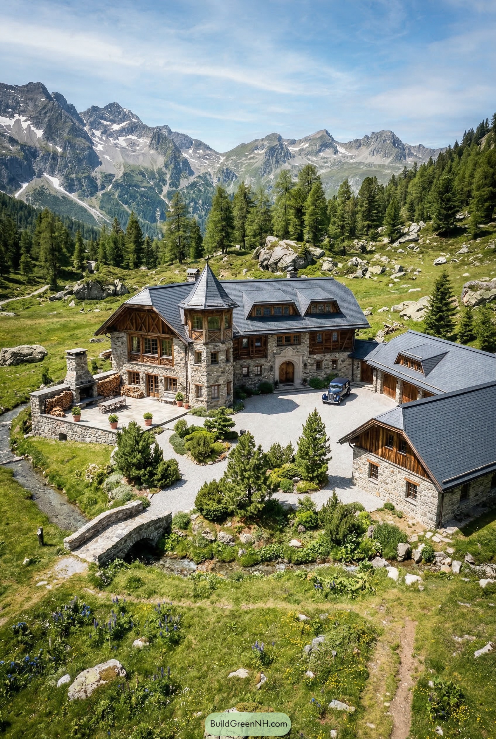 Stone alpine manor with turret in mountain valley