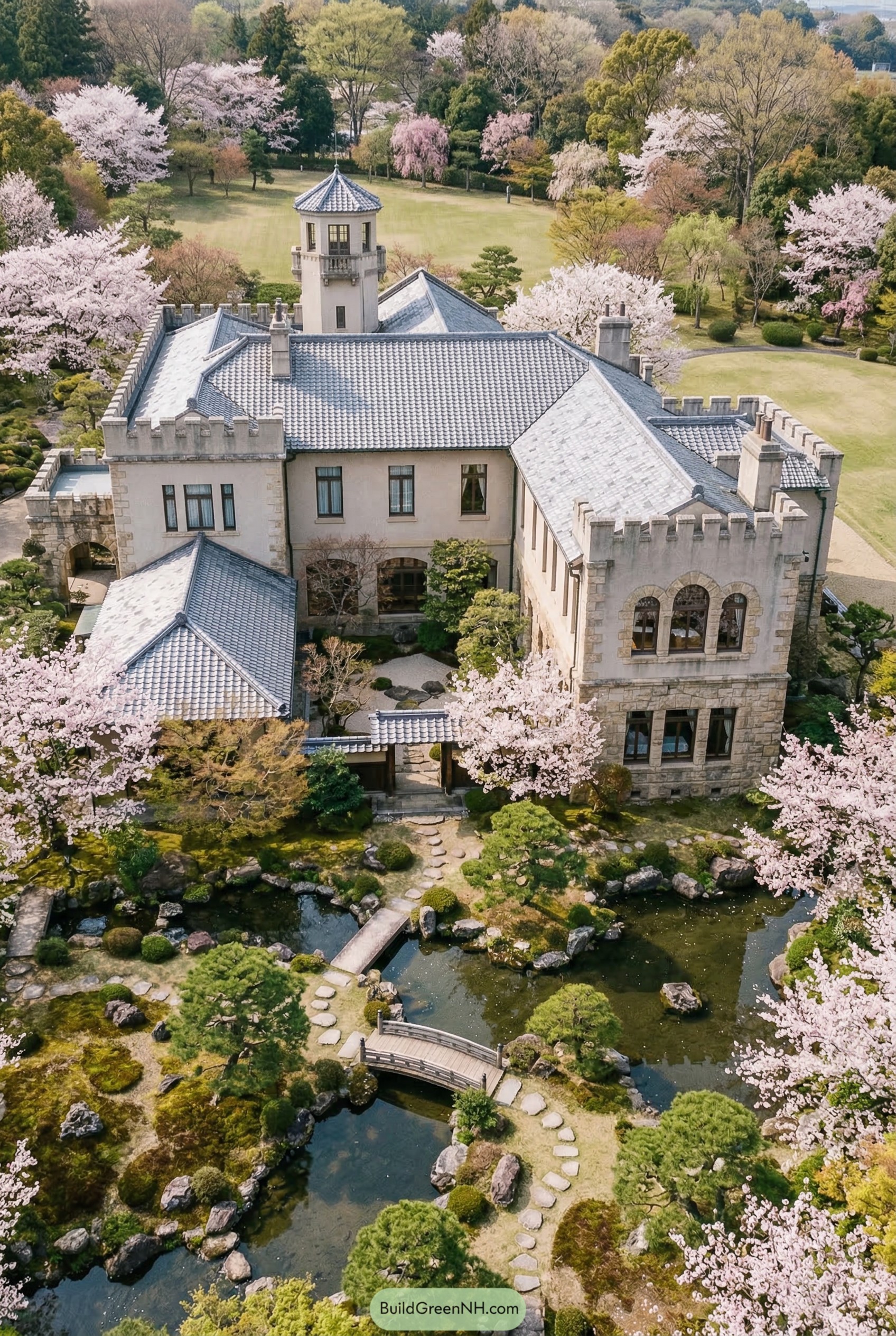 Castle mansion with tower and cherry blossom ponds
