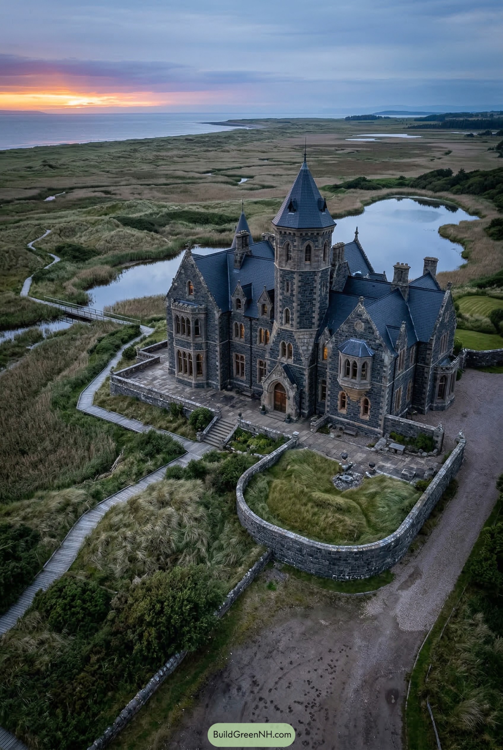 Stone castle mansion beside coastal marshland