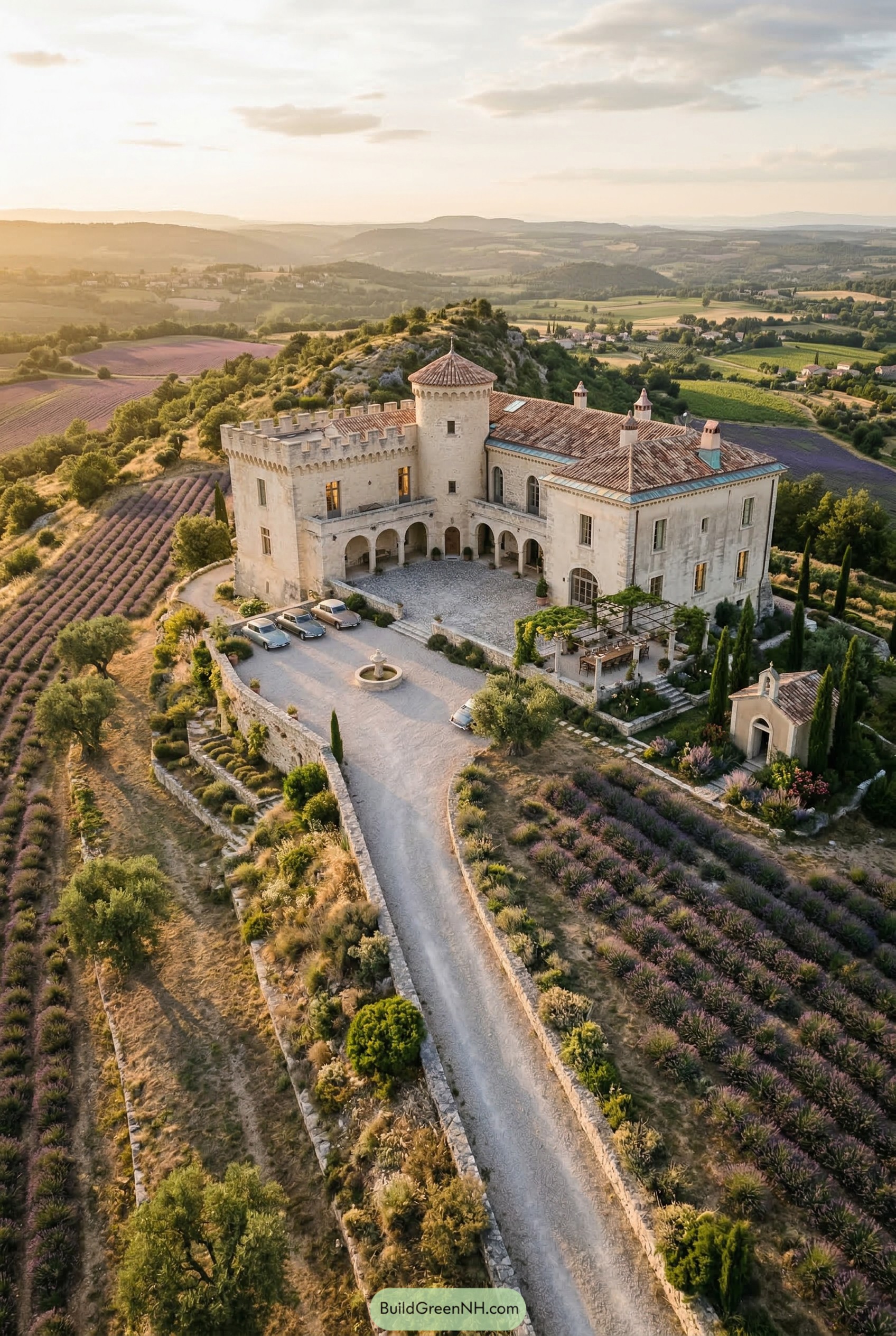 Stone castle manor with lavender terraces