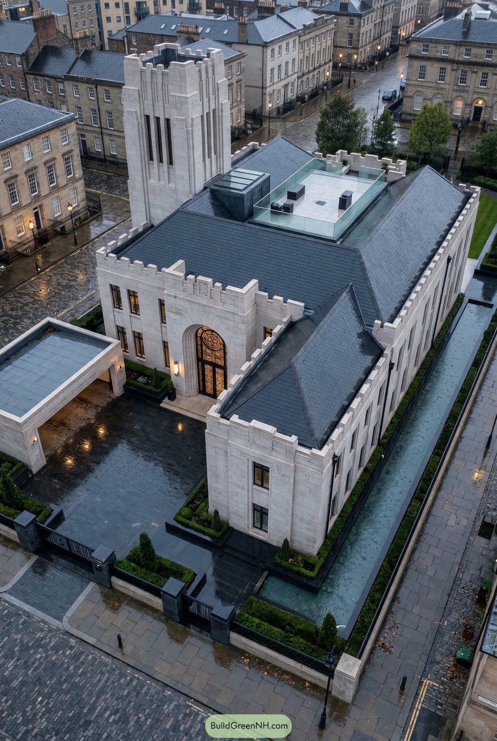 Pale stone castle mansion with tower and roof terrace