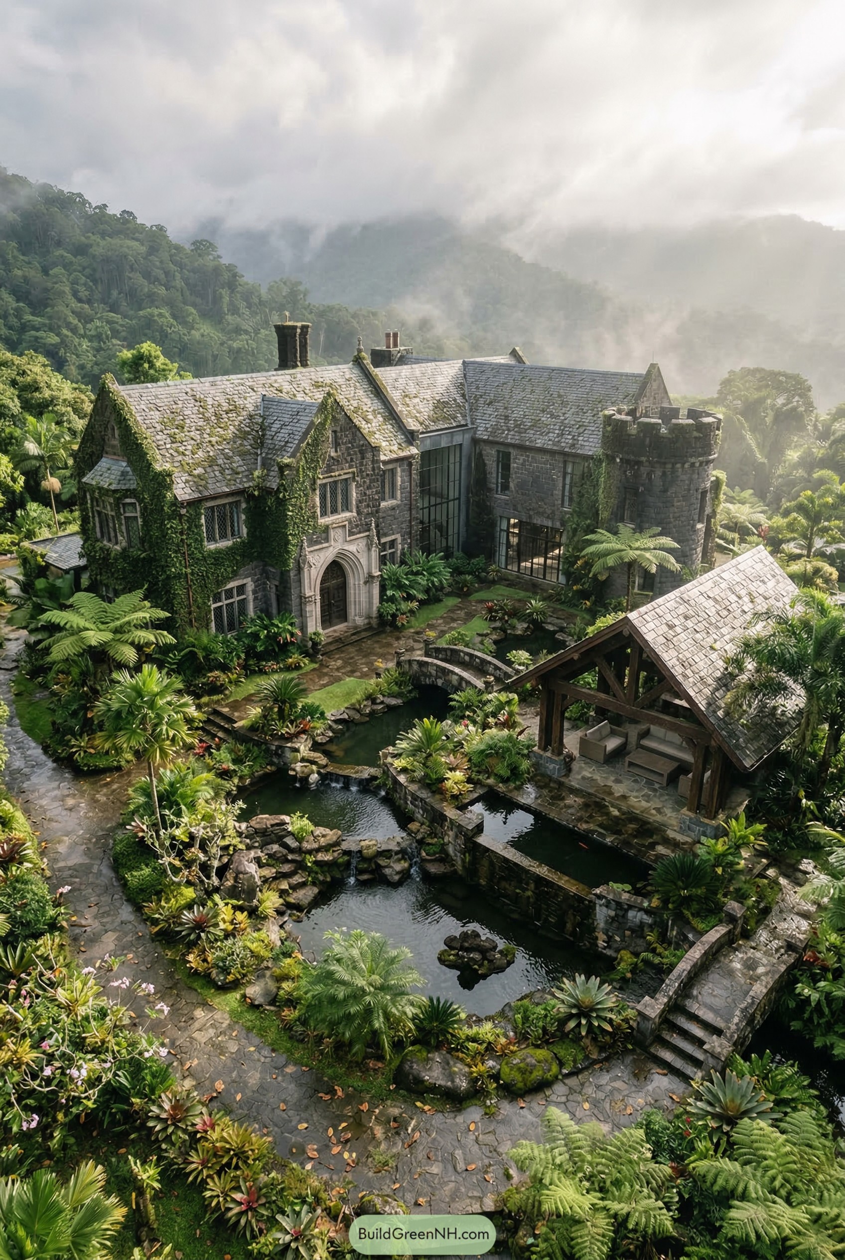 Ivy clad stone manor with turret and tropical ponds