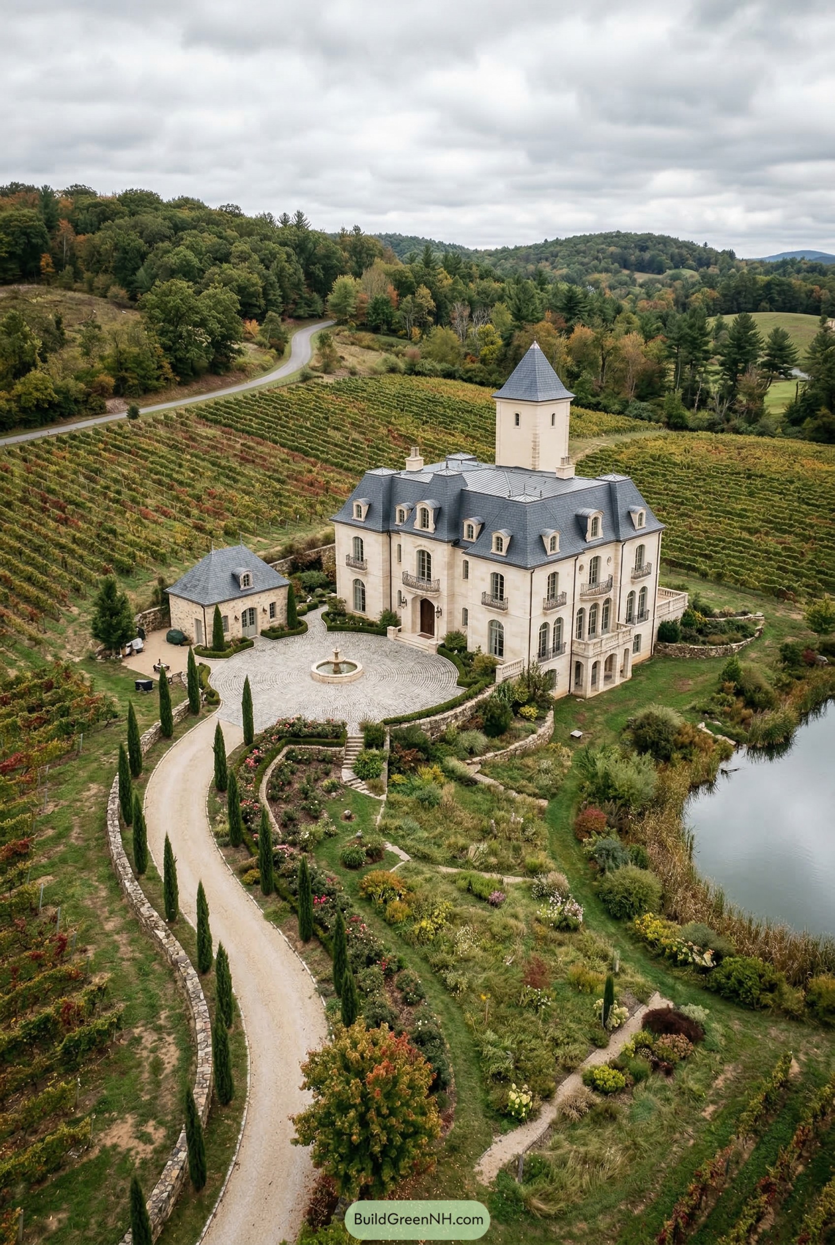 French chateau beside vineyards and pond