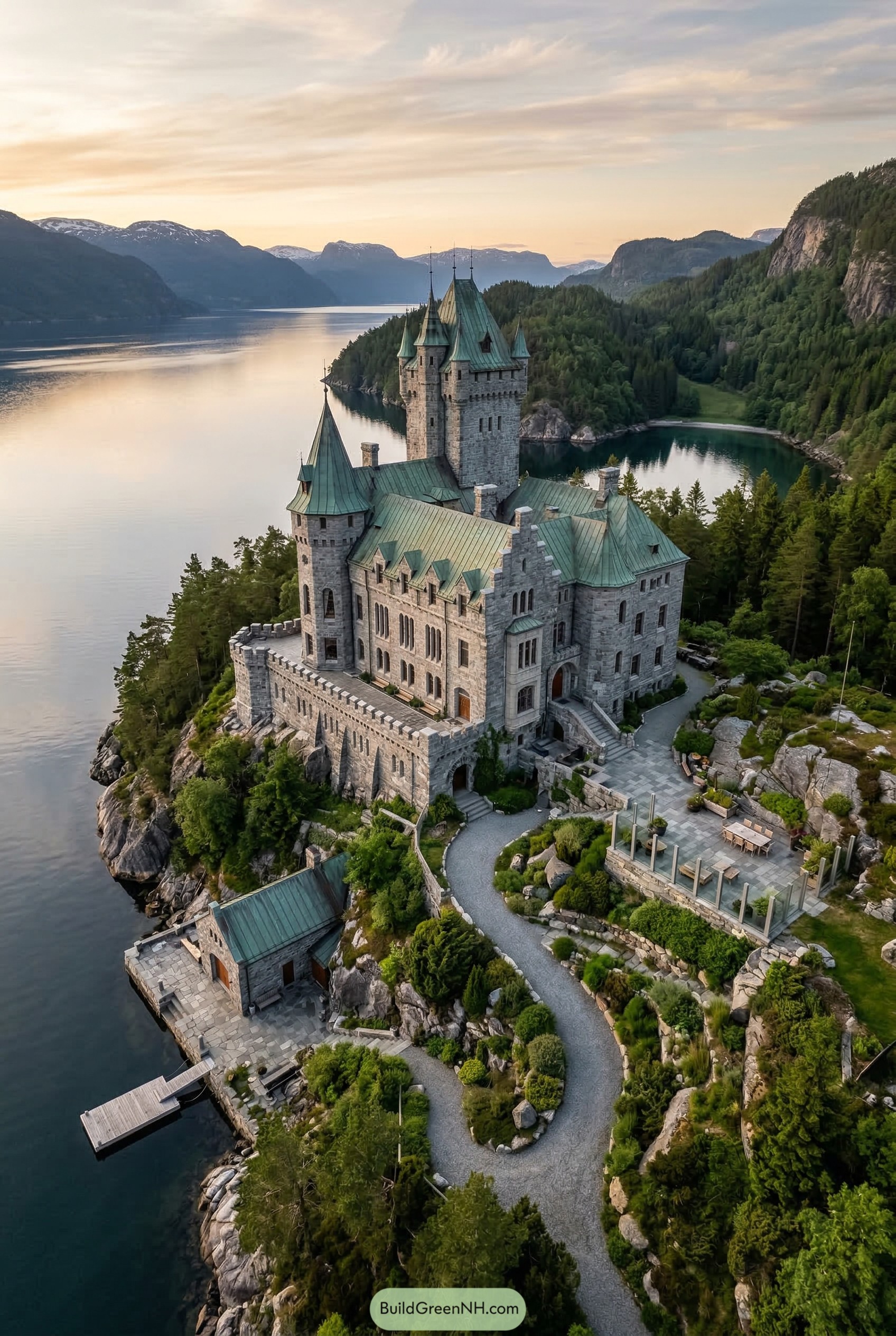 Stone castle mansion on a fjord cliff