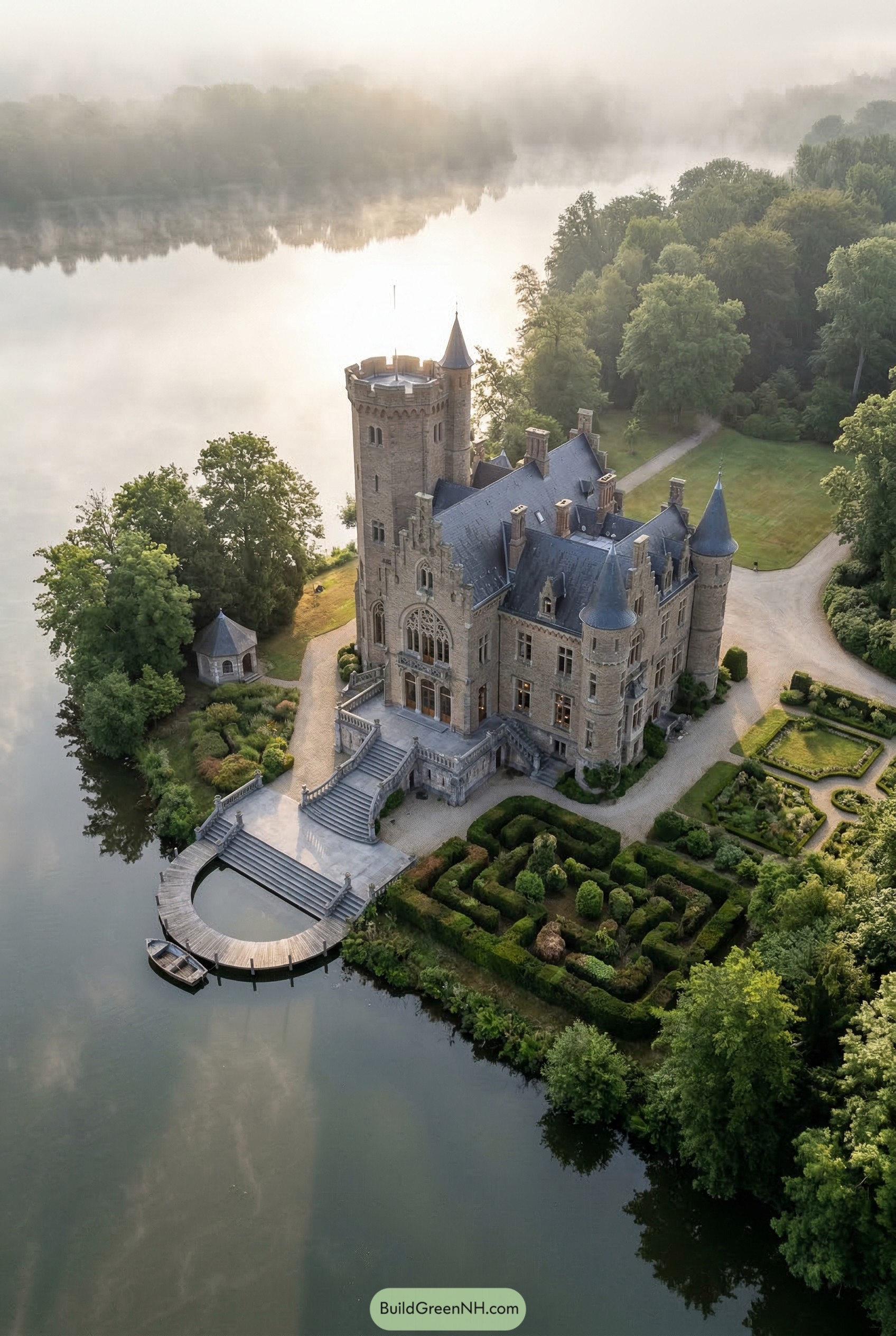 Lakeside stone castle with tower and dock