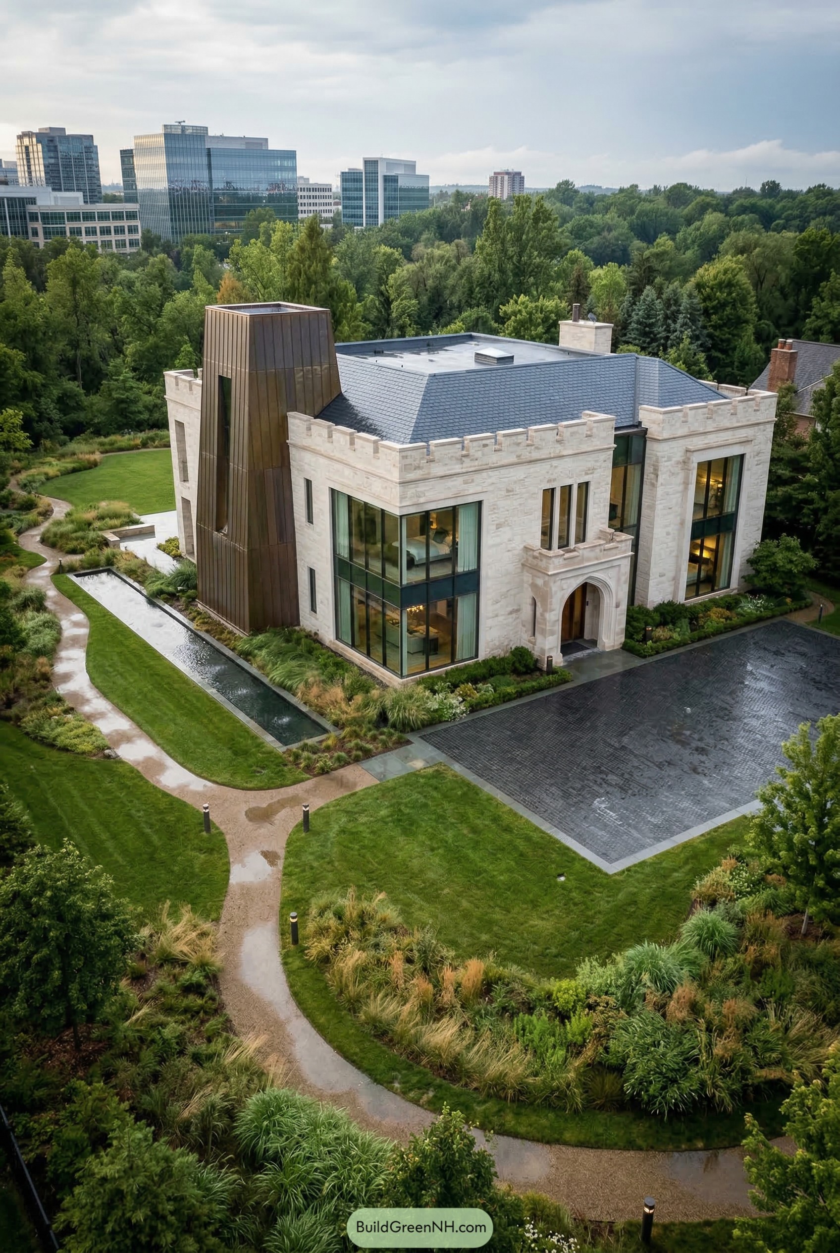 Modern limestone castle mansion with bronze tower