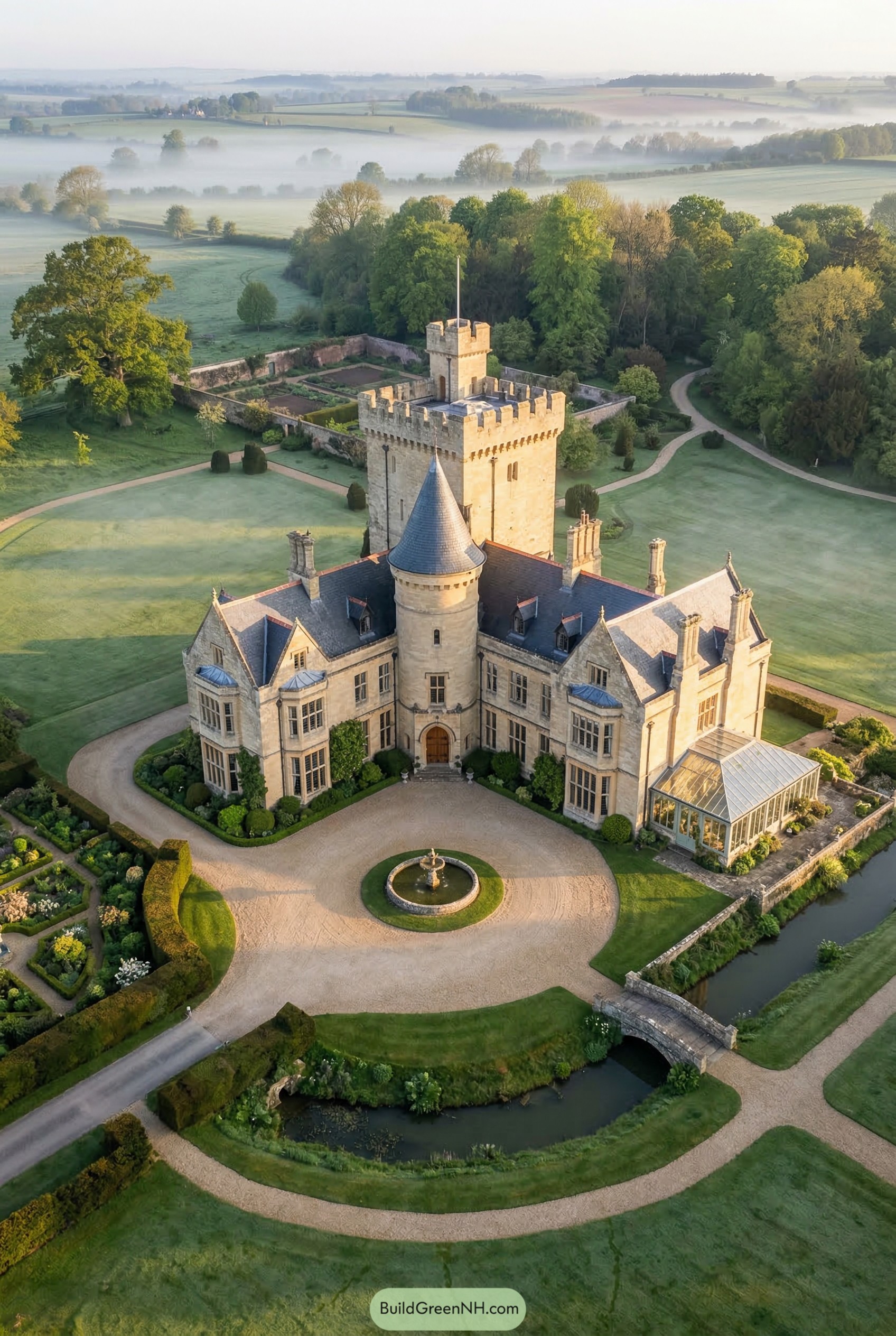 Aerial view of a stone castle manor with turret moat and formal grounds
