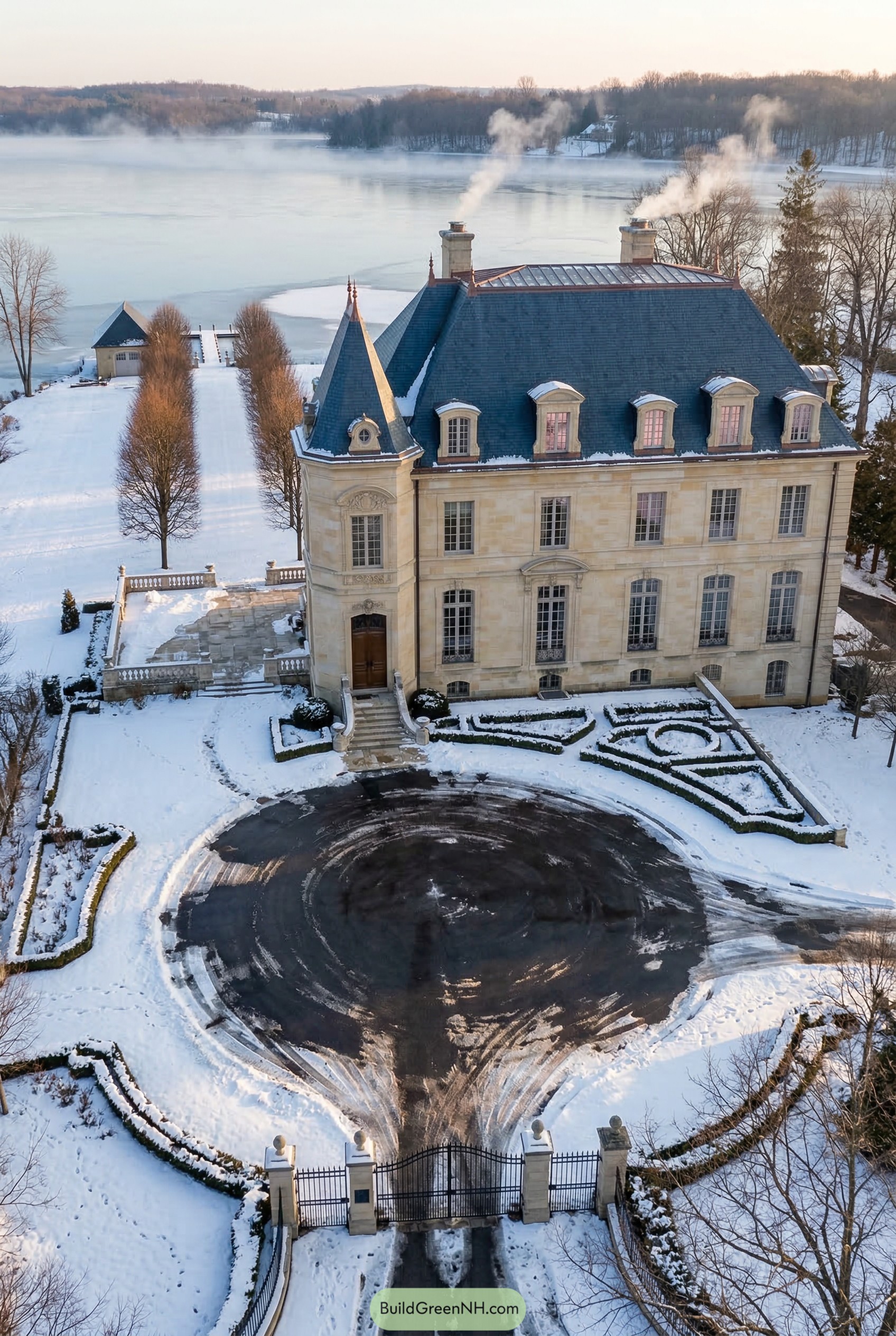 French chateau with mansard roof beside a frozen lake