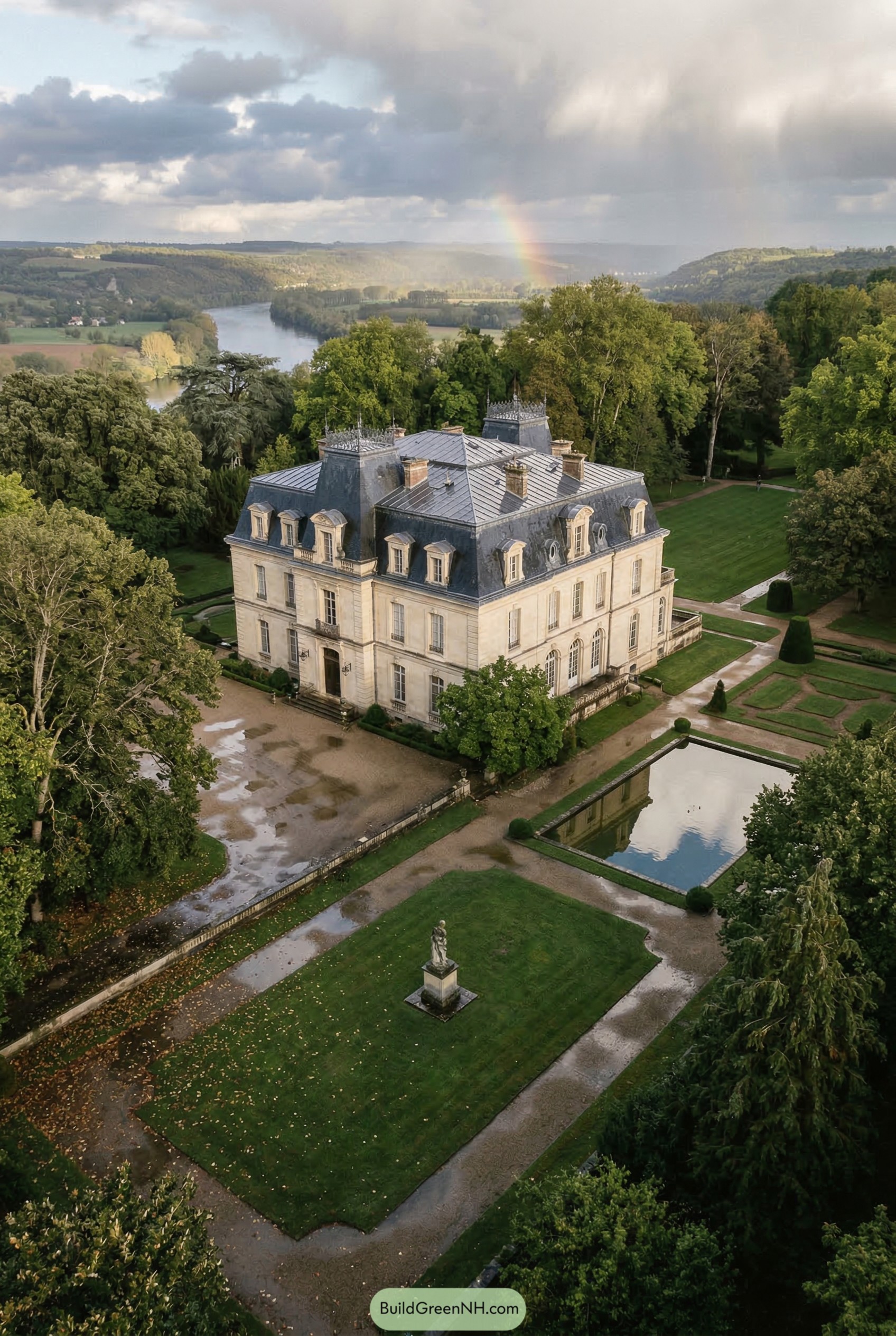 Stone chateau with mansard roof and reflecting pool