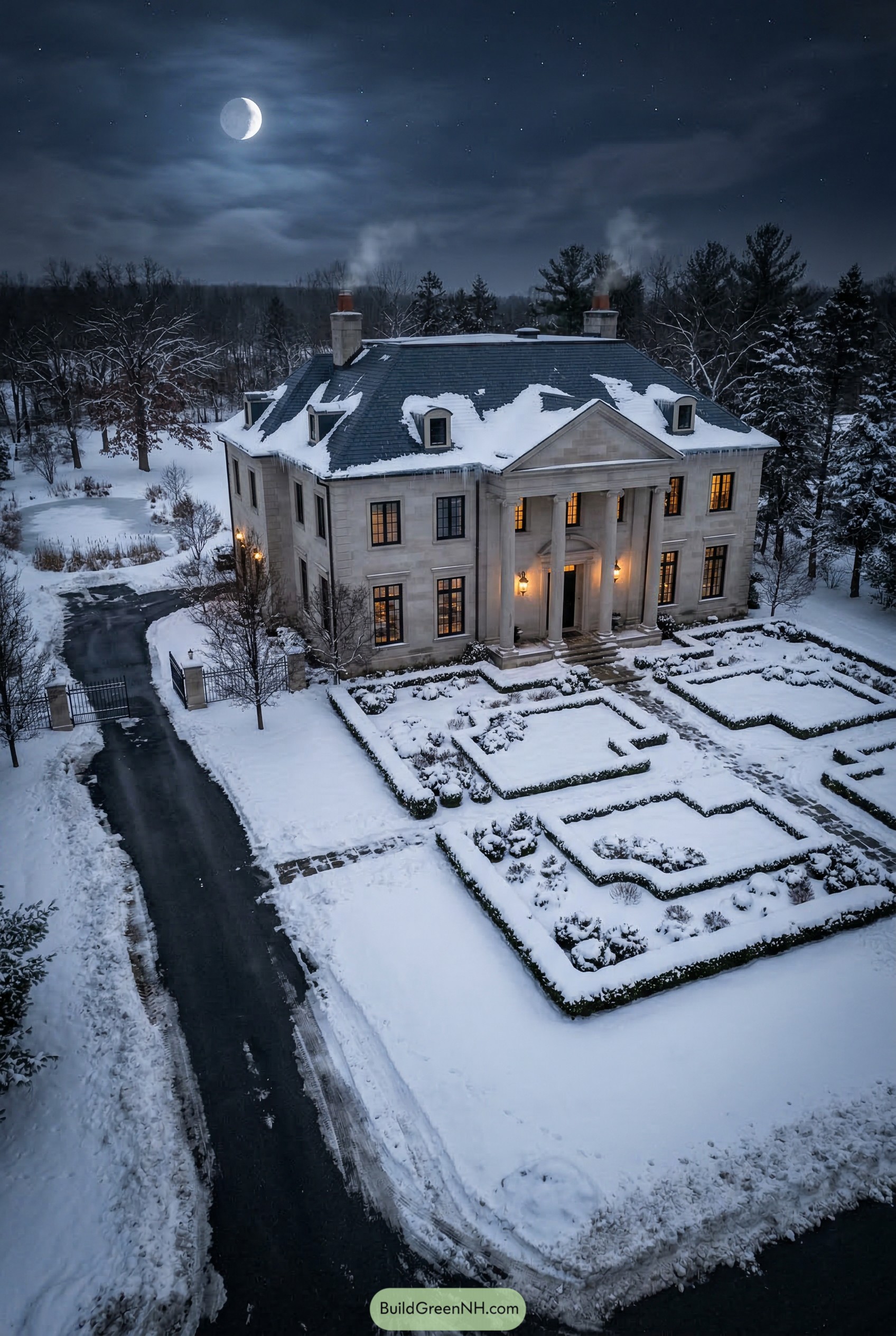 Snowy neoclassical stone mansion with formal parterre