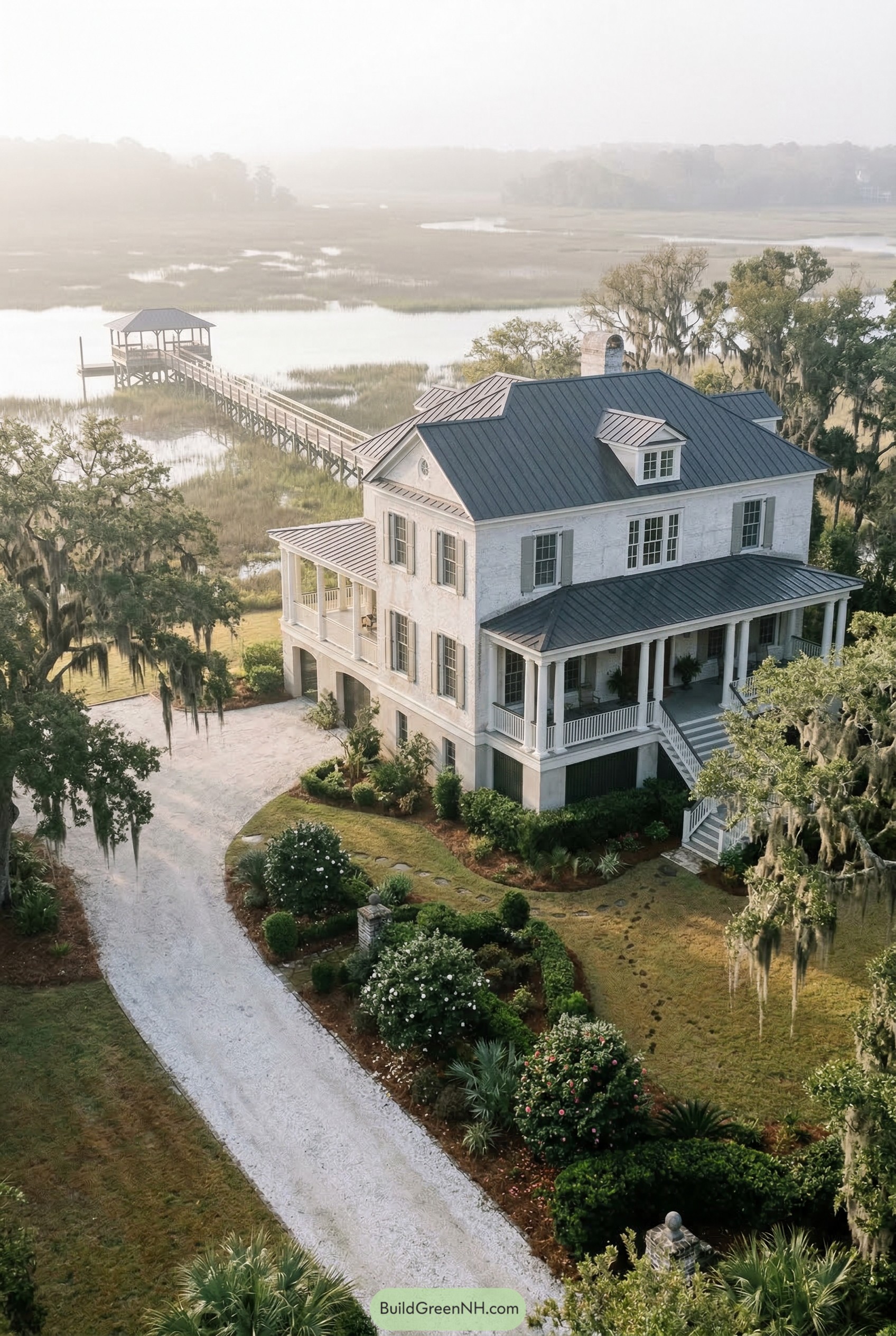 Elevated white Lowcountry mansion with broad porches and a long marsh dock