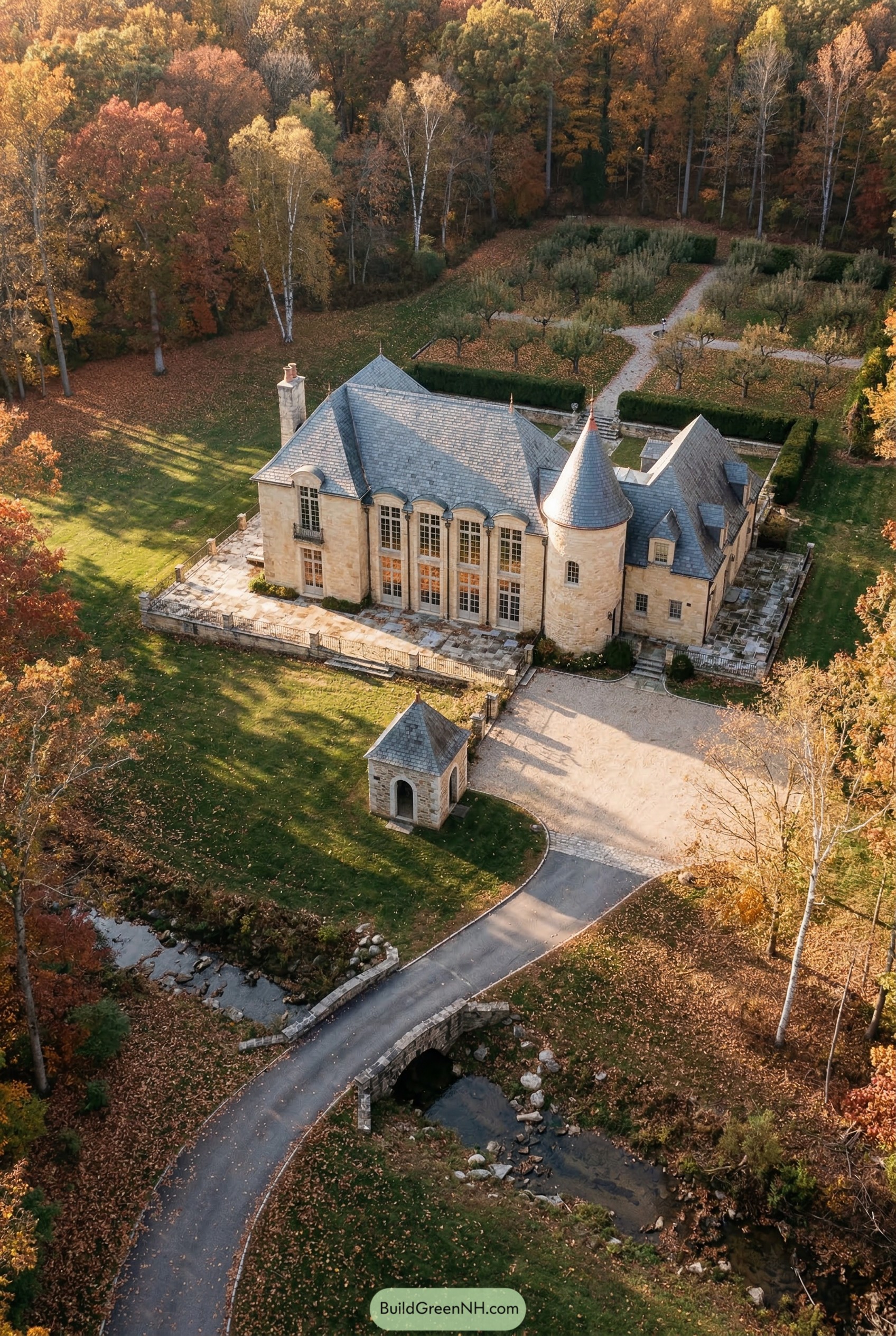 Aerial view of limestone manor with turret and orchard