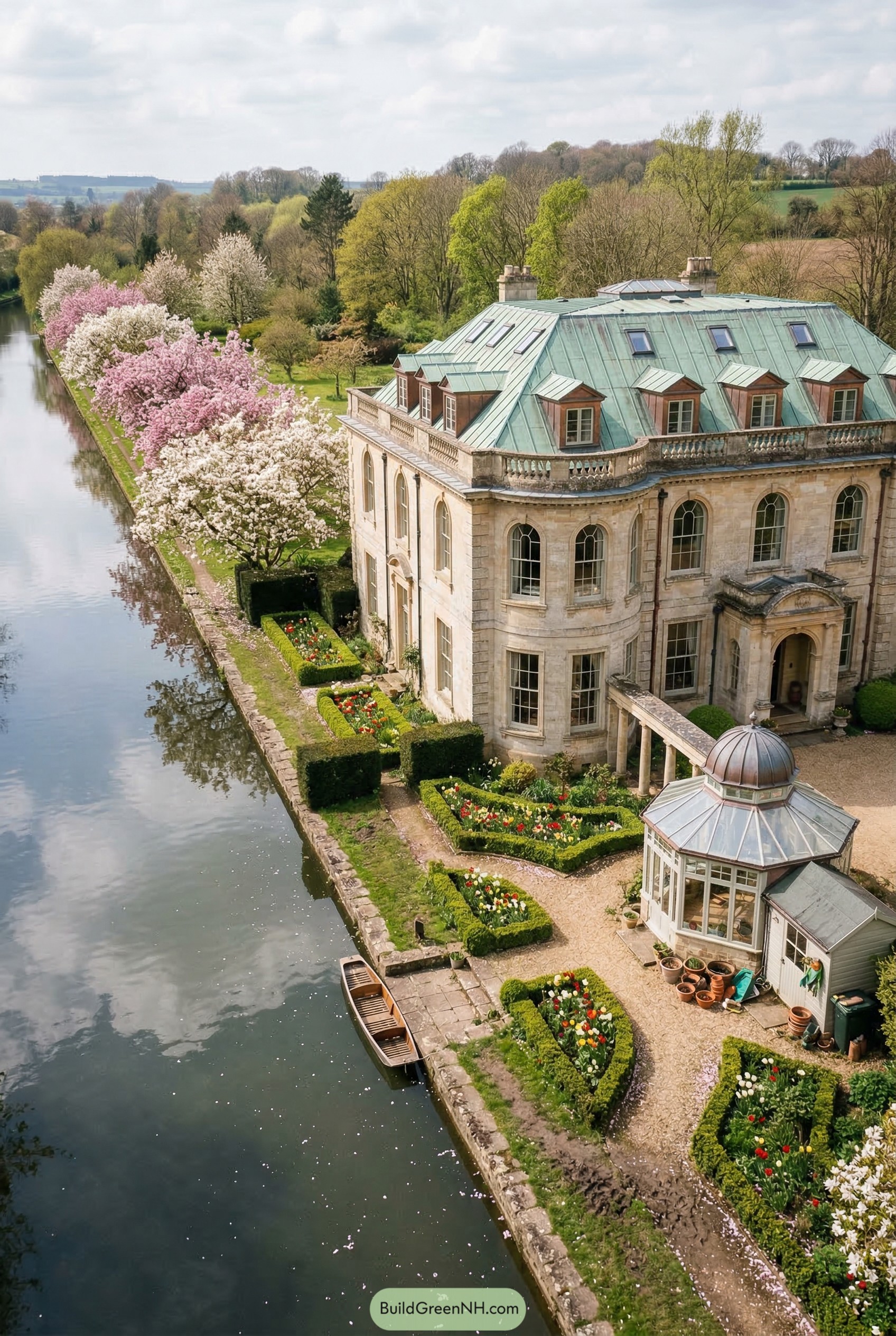 Classical stone mansion by a river with formal gardens
