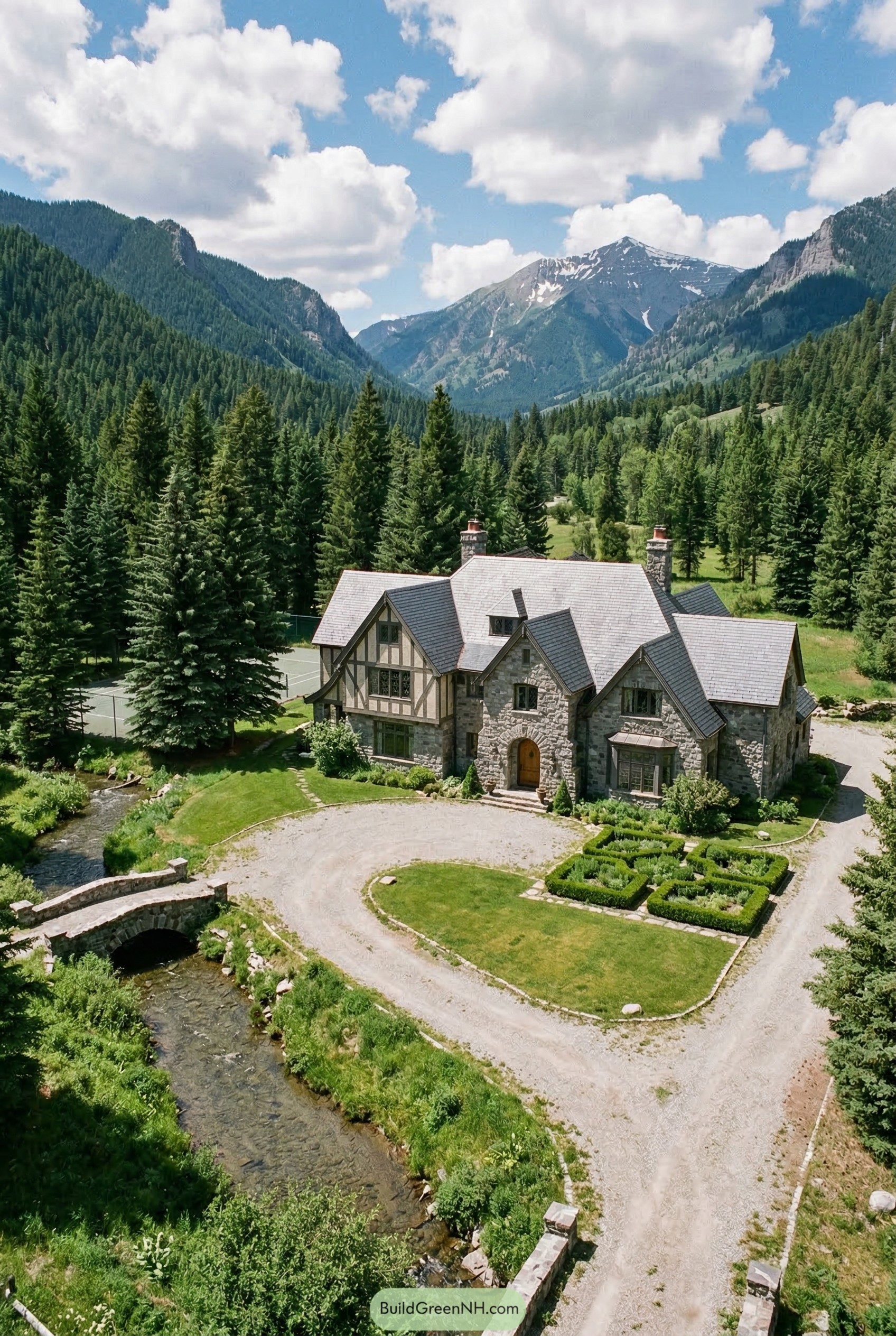 Stone and timber lodge in mountain valley