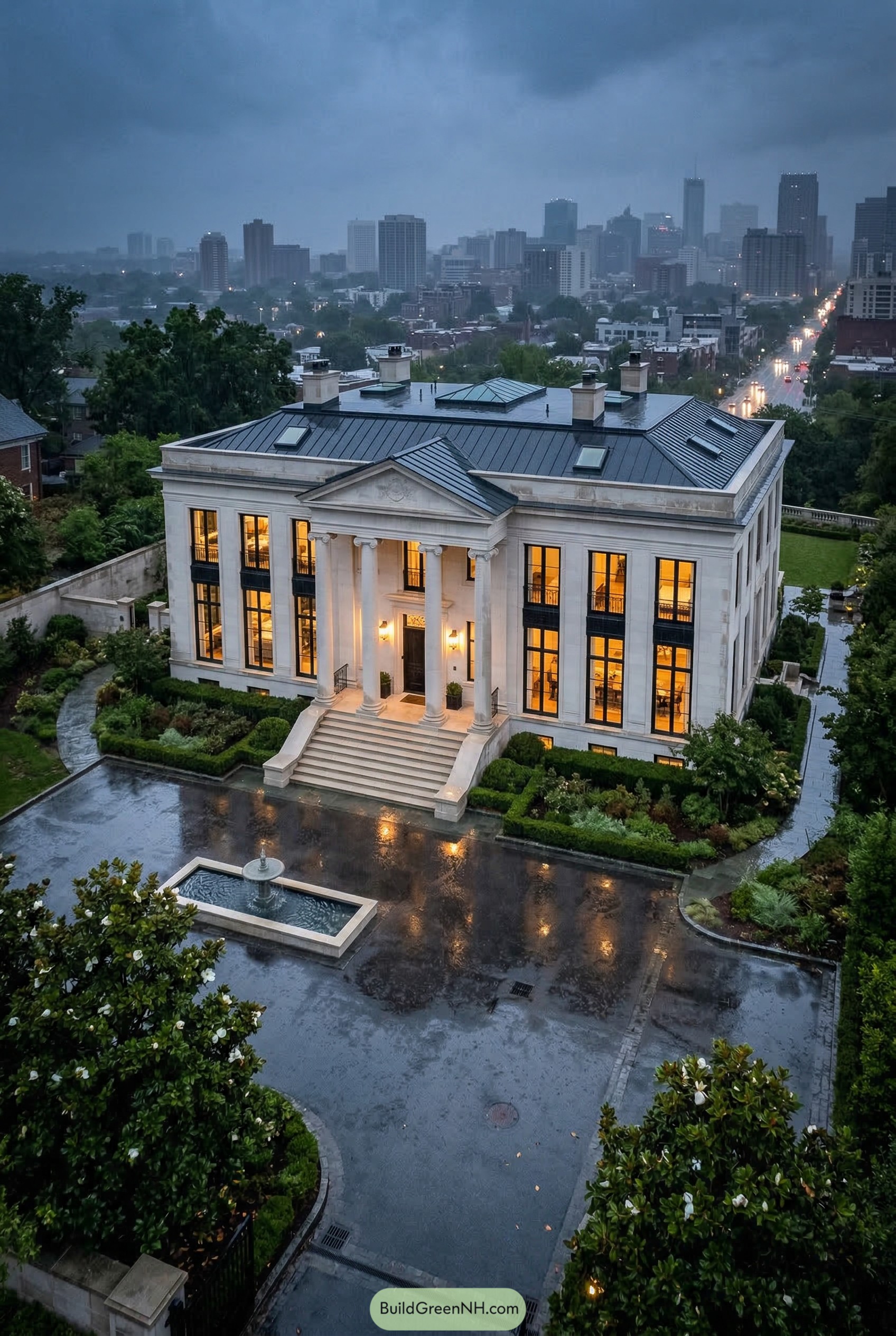 Neoclassical stone mansion with tall columns and fountain