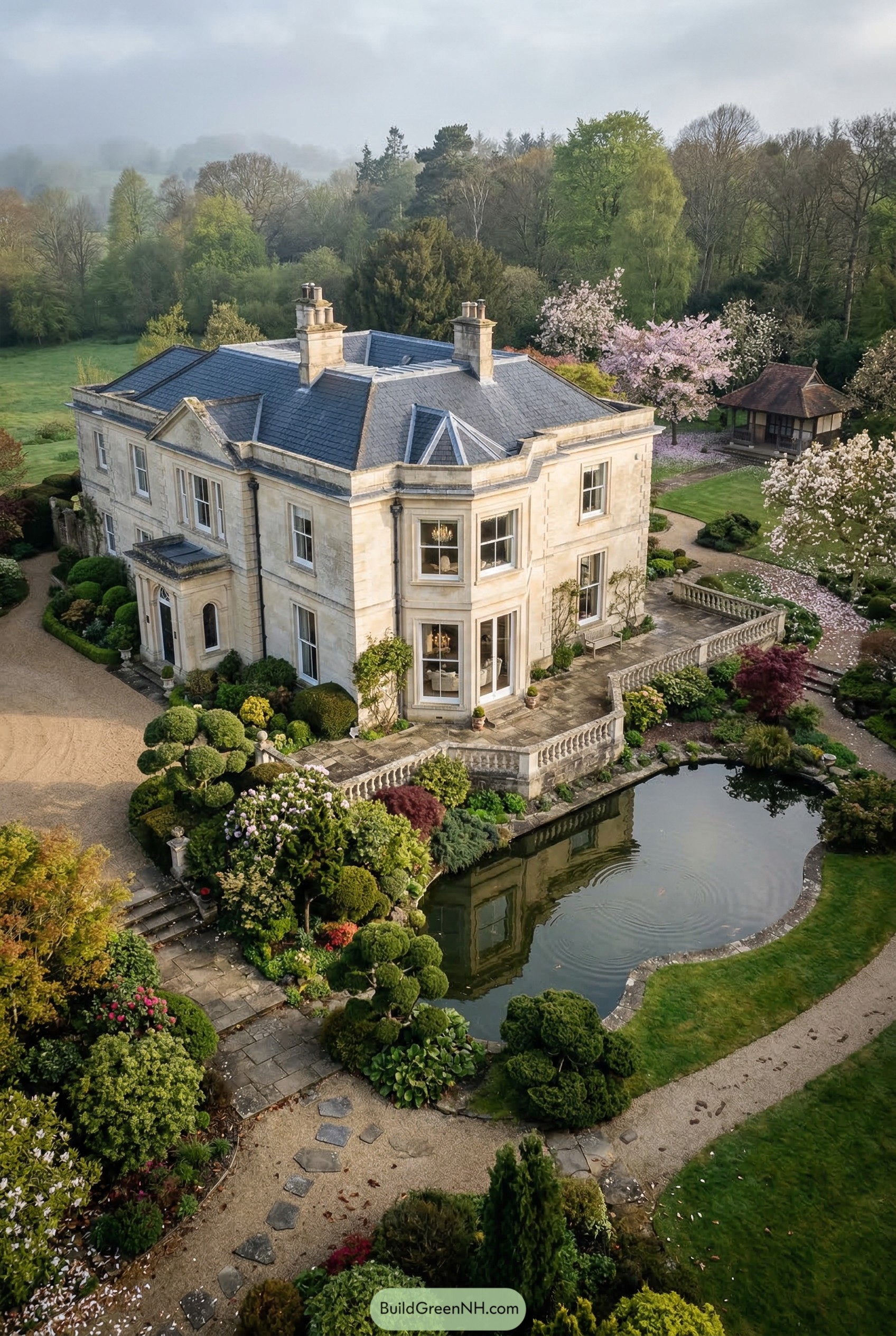 Pale stone mansion with pond garden