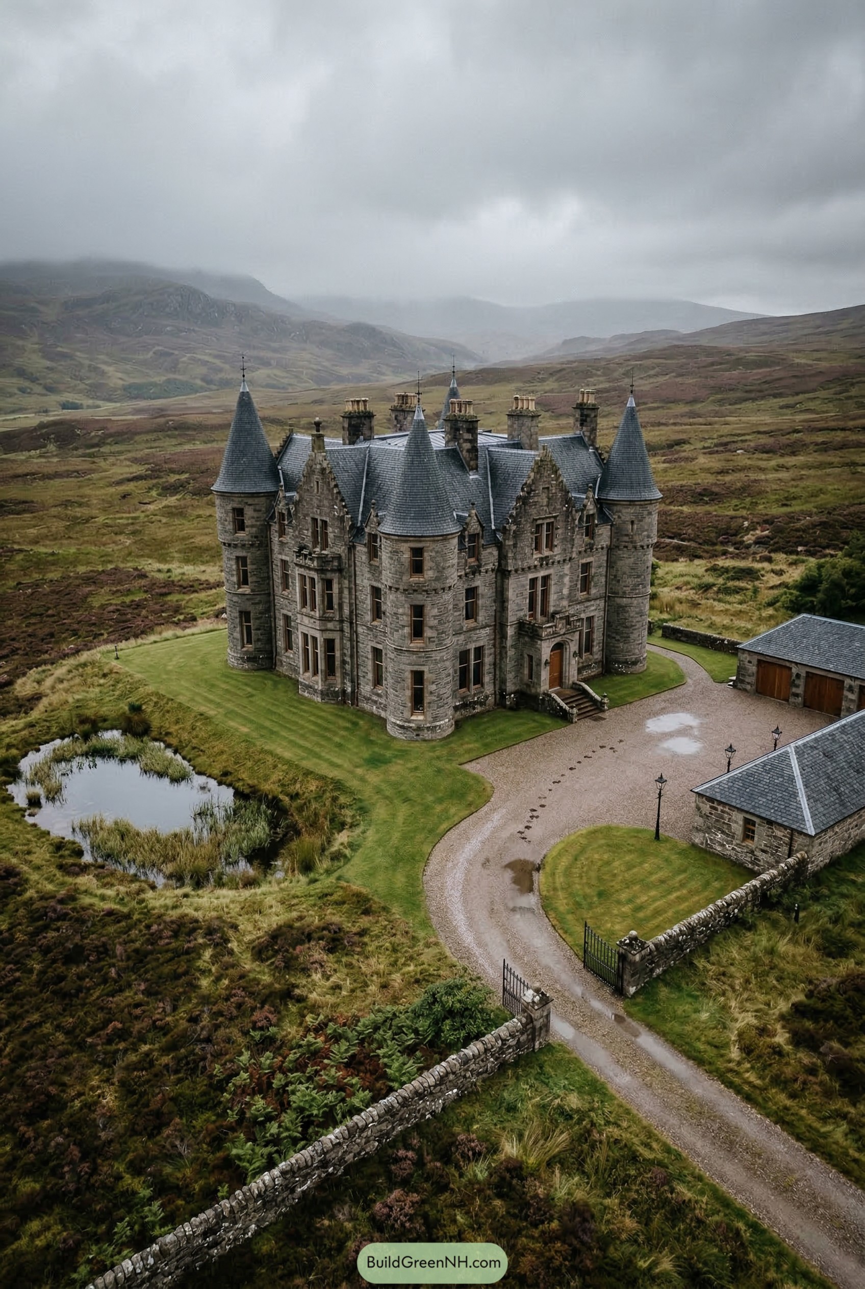 Stone baronial castle with conical turrets