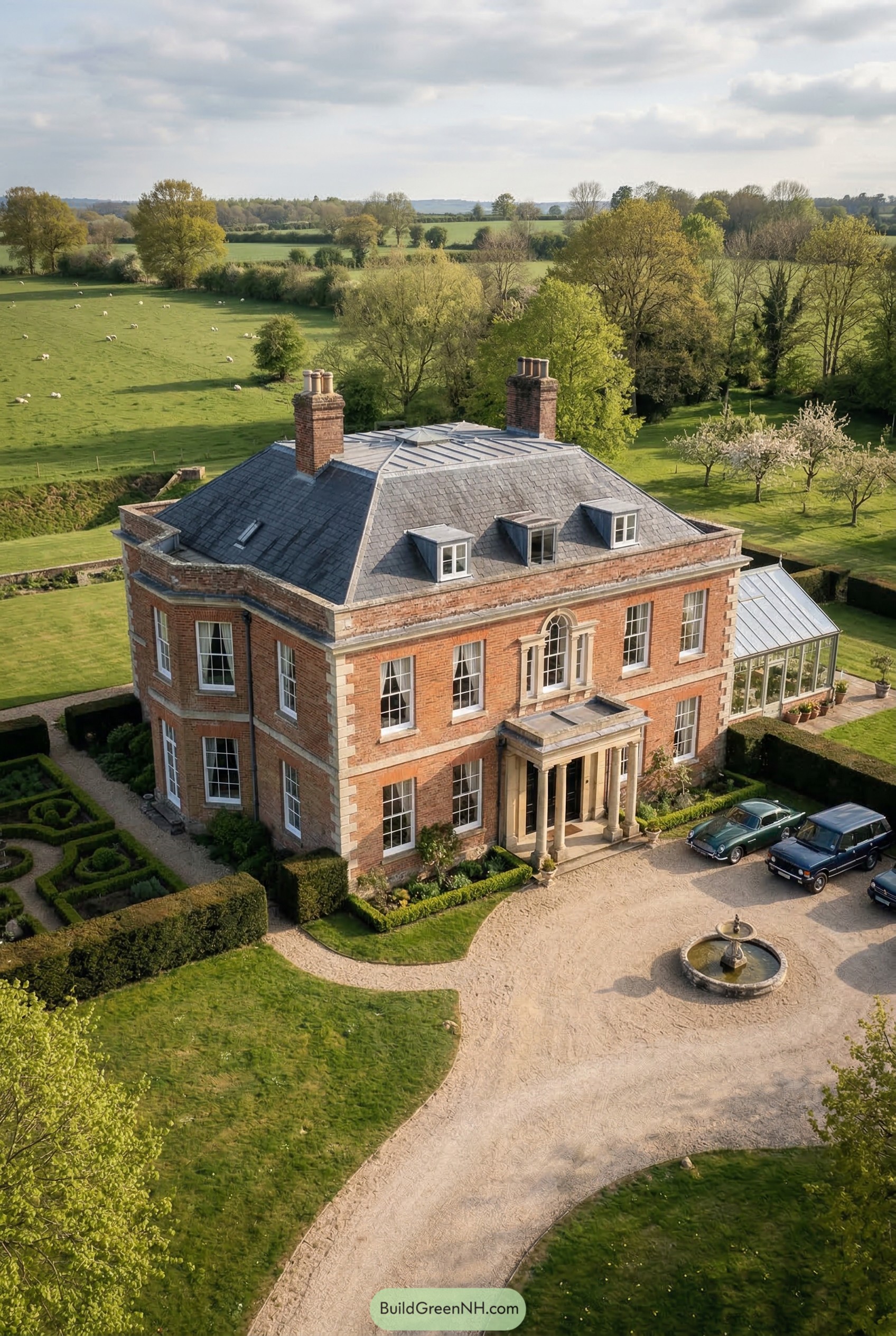 Aerial view of a red brick Georgian manor with a columned entrance and conservatory