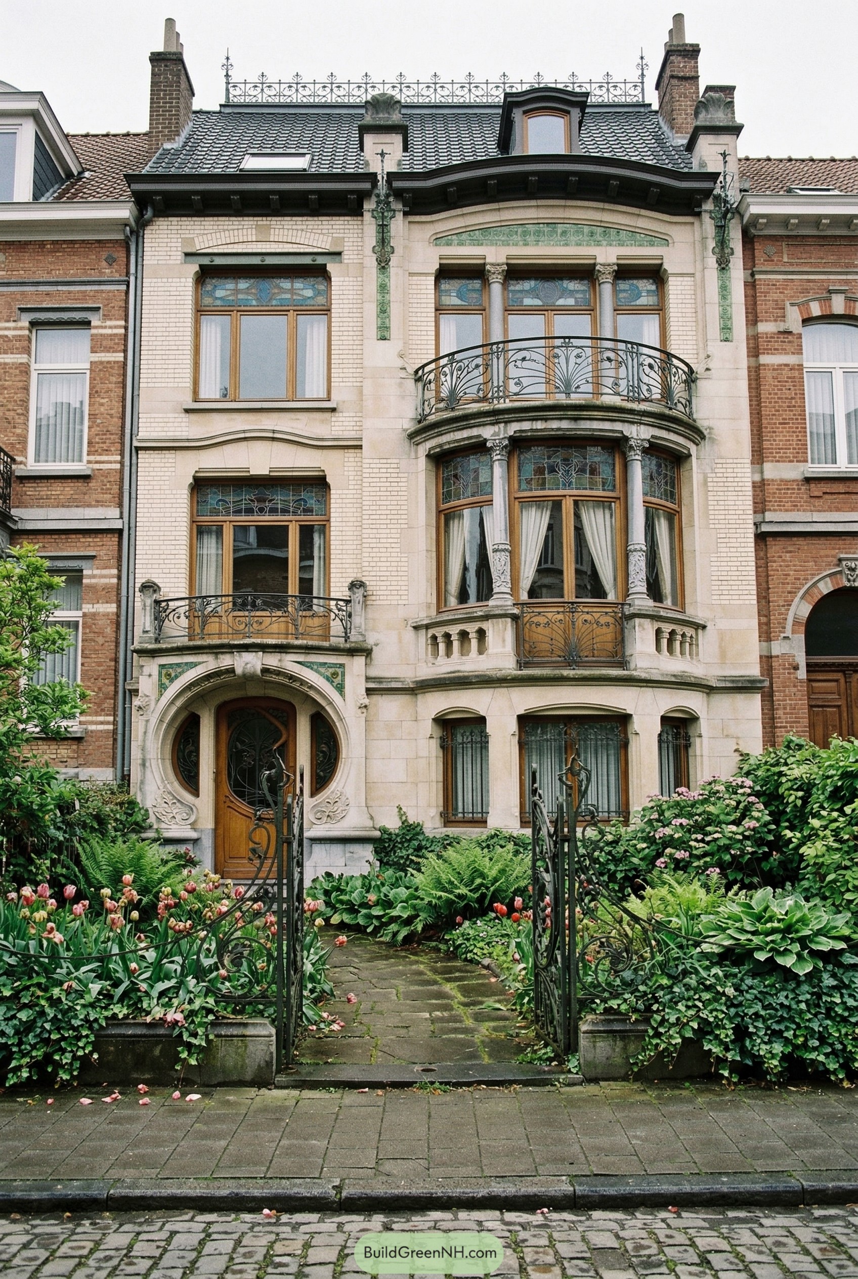 Art Nouveau townhouse with curved balcony and stained glass
