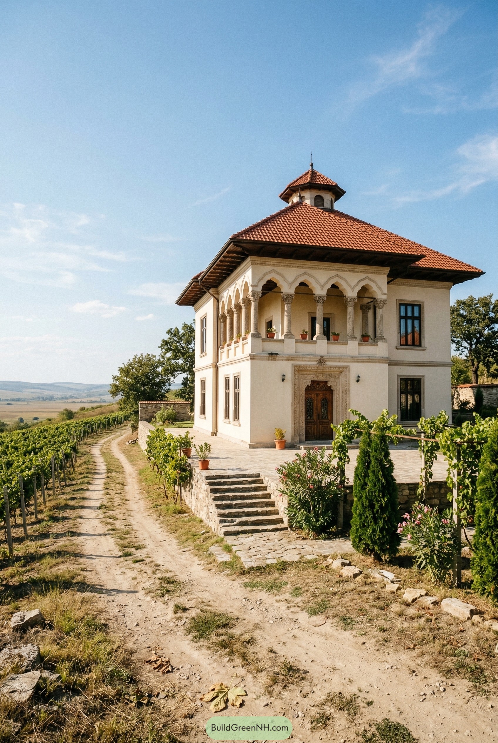 Ornate vineyard villa with arched loggia